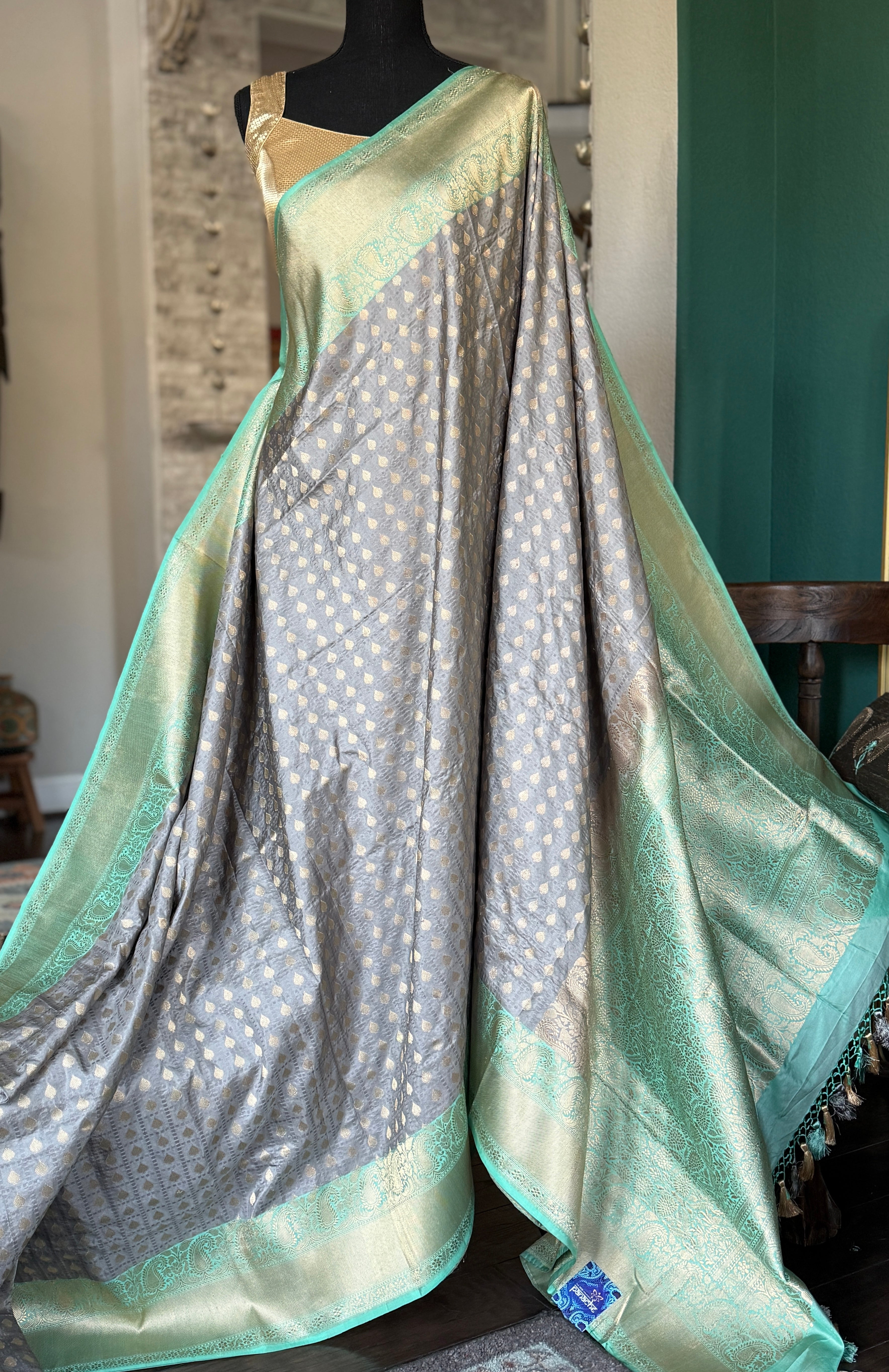 Pure Katan Silk Banarasi - Grey Sea Green Checkered