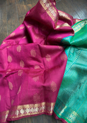 Raw Silk Banarasi - Magenta Sea Green