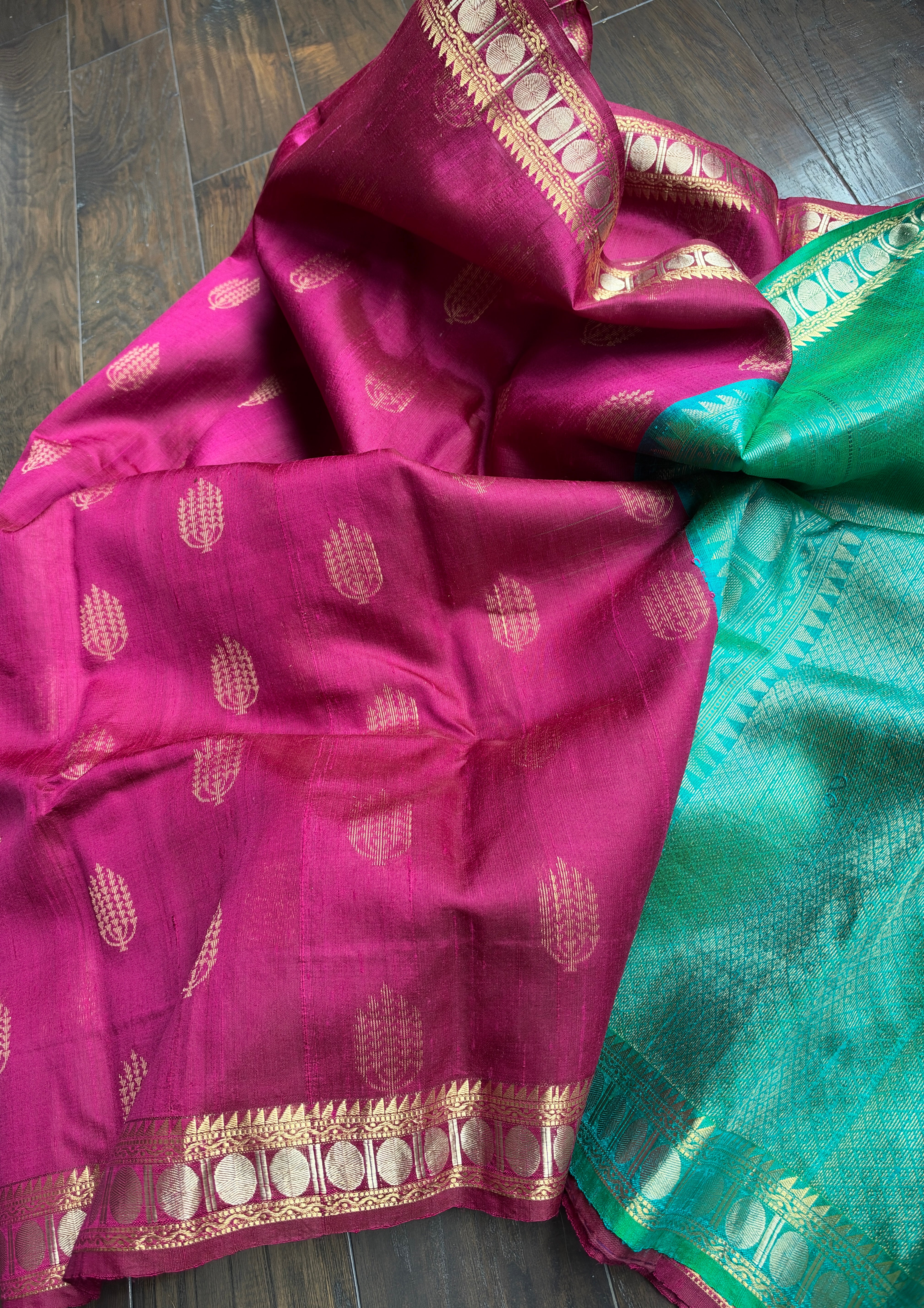 Raw Silk Banarasi - Magenta Sea Green
