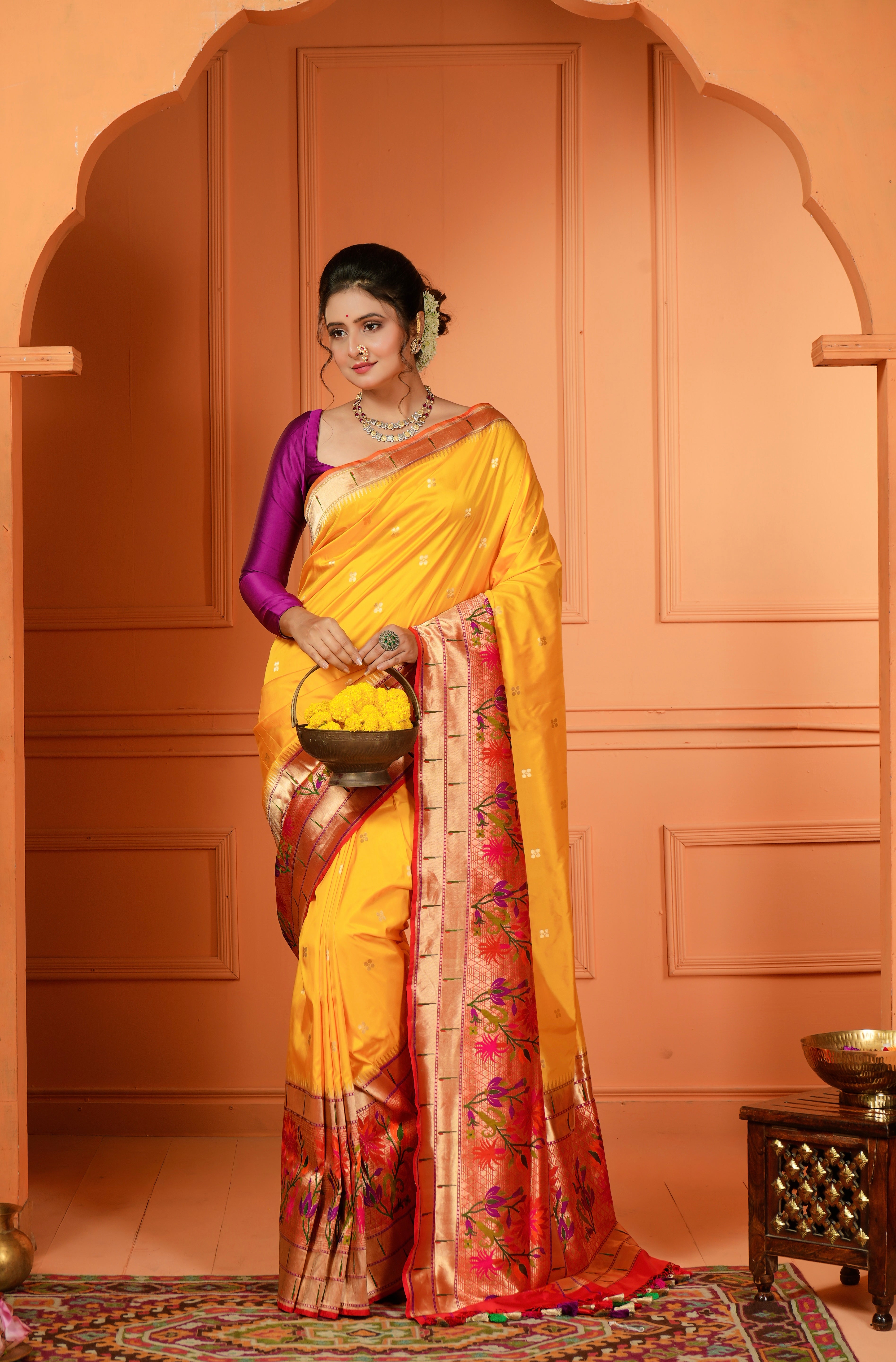 Pure Silk Paithani Banarasi- Yellow Red