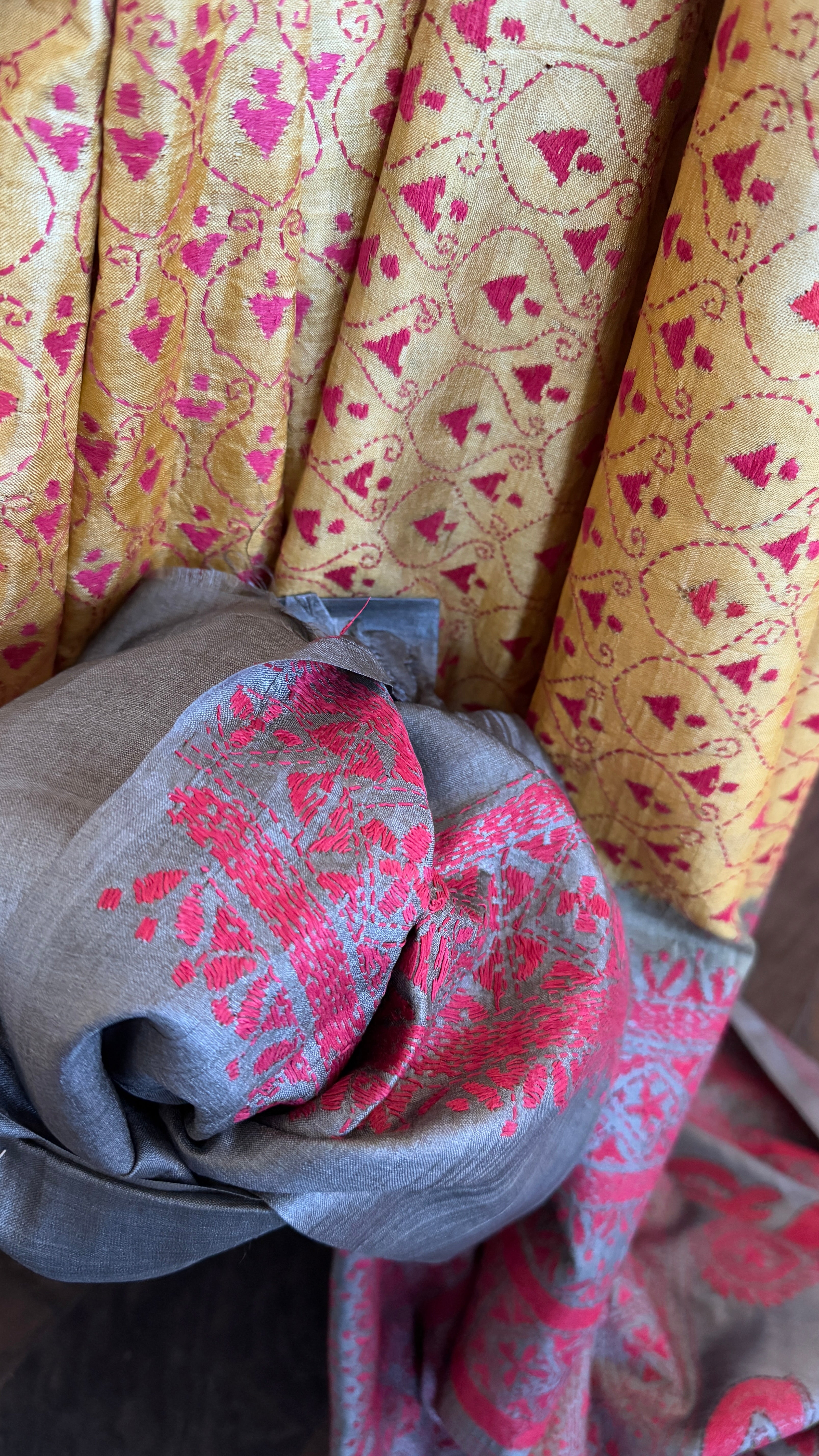 Pure Tussar Silk Kantha Stitch -  Yellow Red Grey