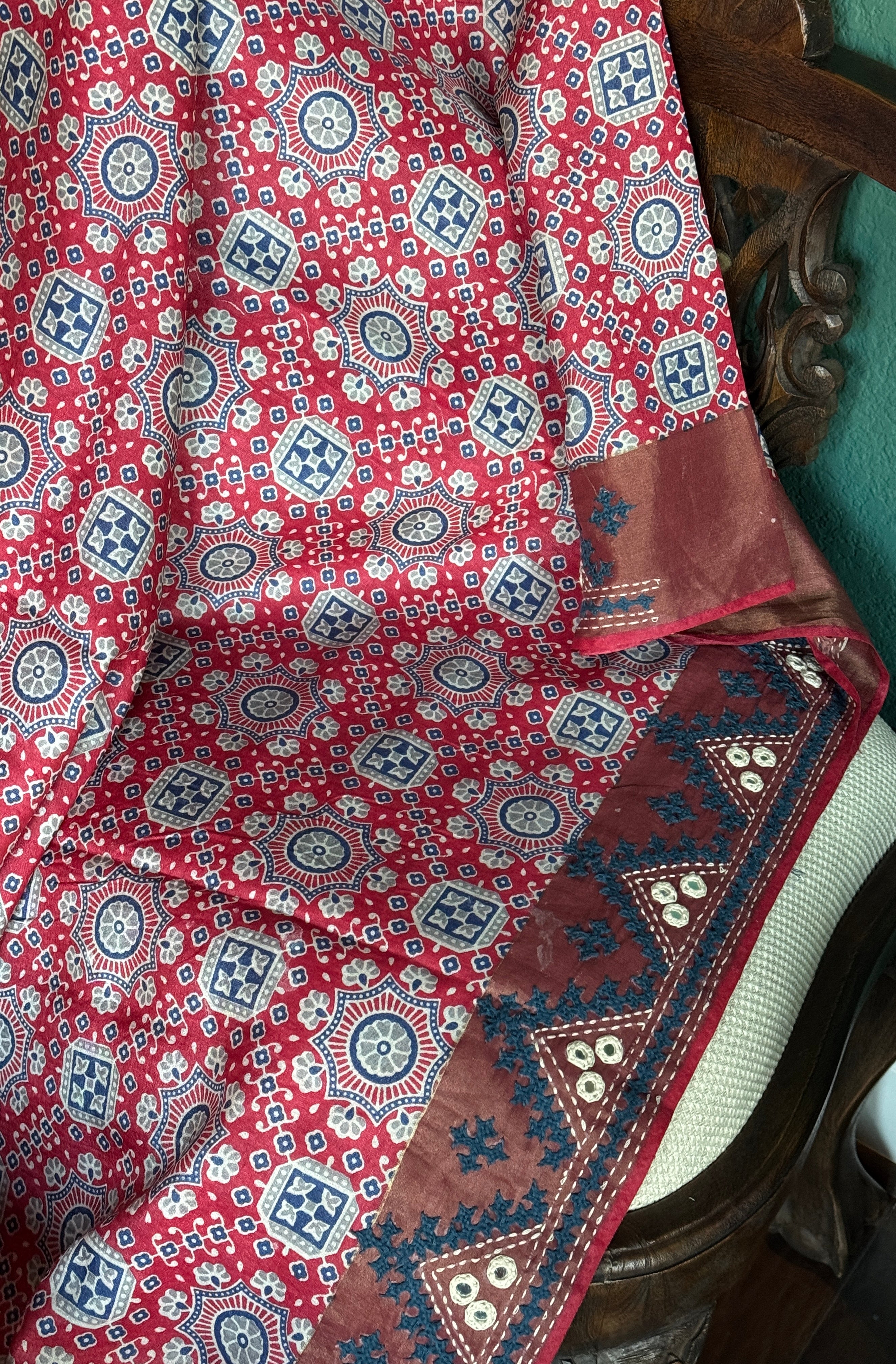 Tussar Silk Kutch Hand Embroidered - Red Blue Ajrakh