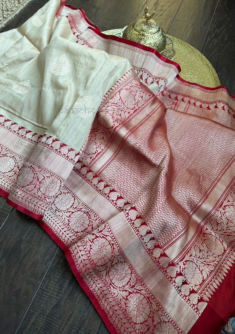 Tussar Silk Banarasi - Tan Beige Red