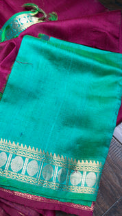 Raw Silk Banarasi - Magenta Sea Green
