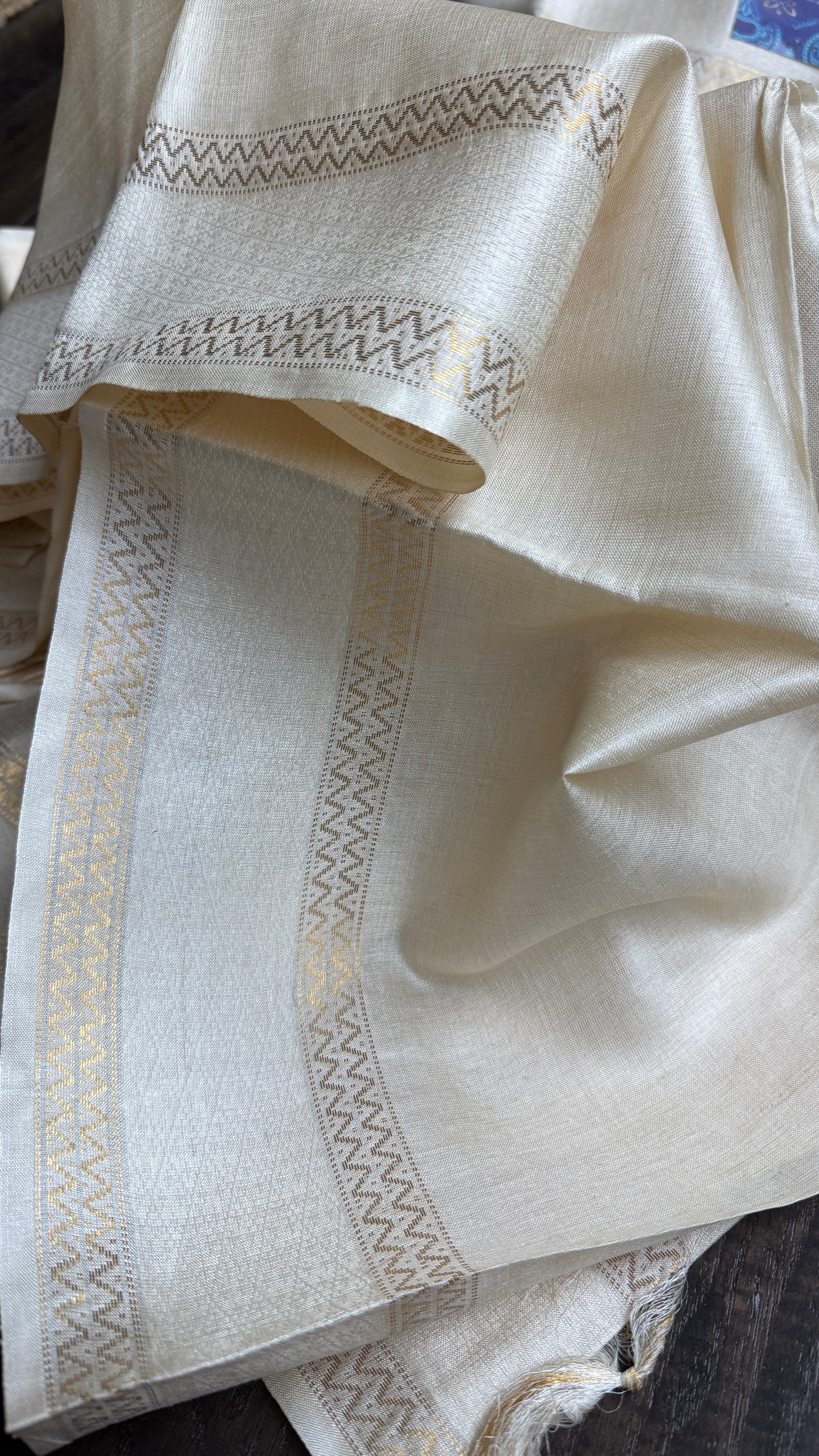 Pure Tussar Silk - Cream Beige Golden Zari Woven3