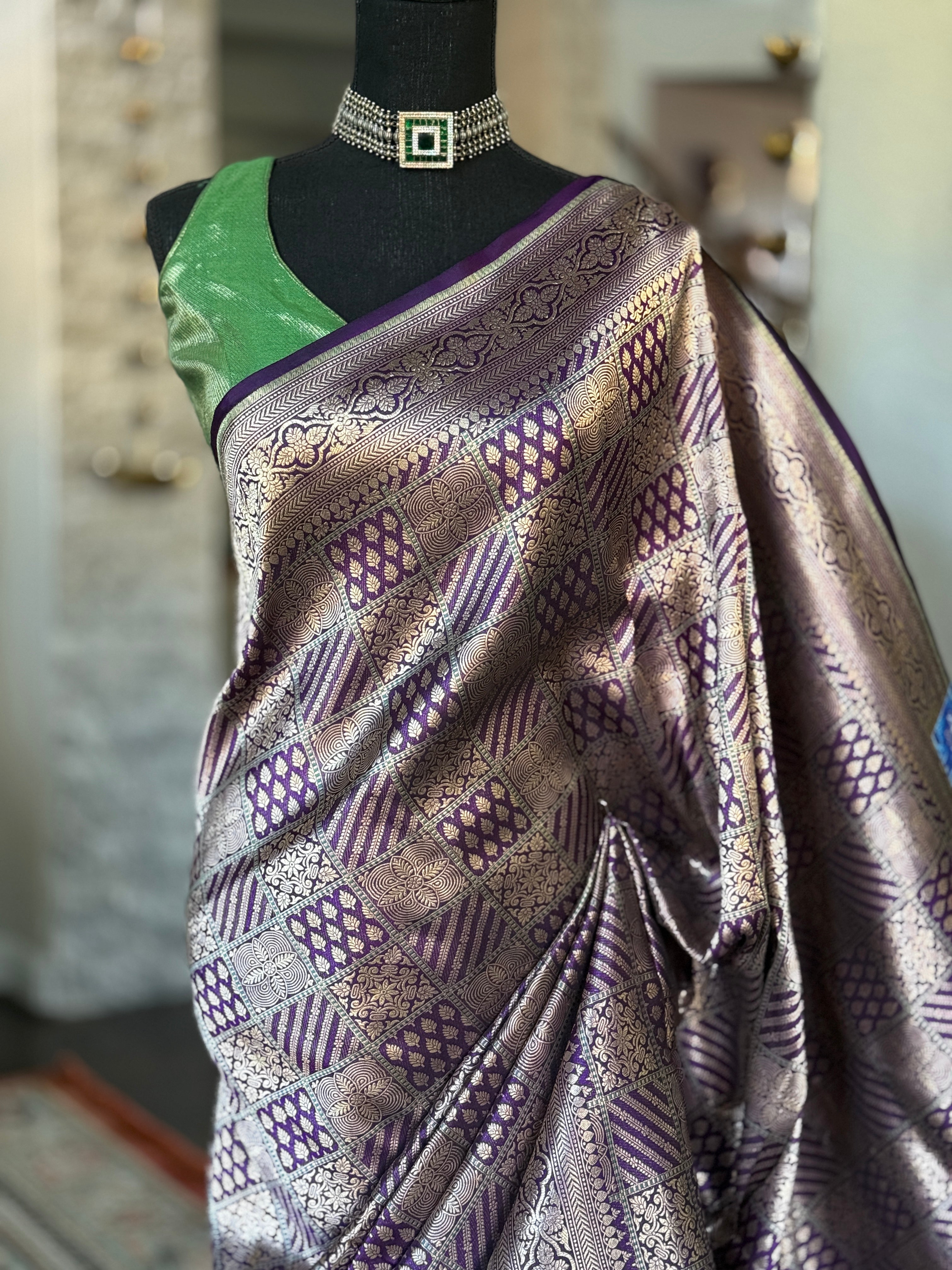 Pure Silk Katan Banarasi- Purple Antique Gold Zari