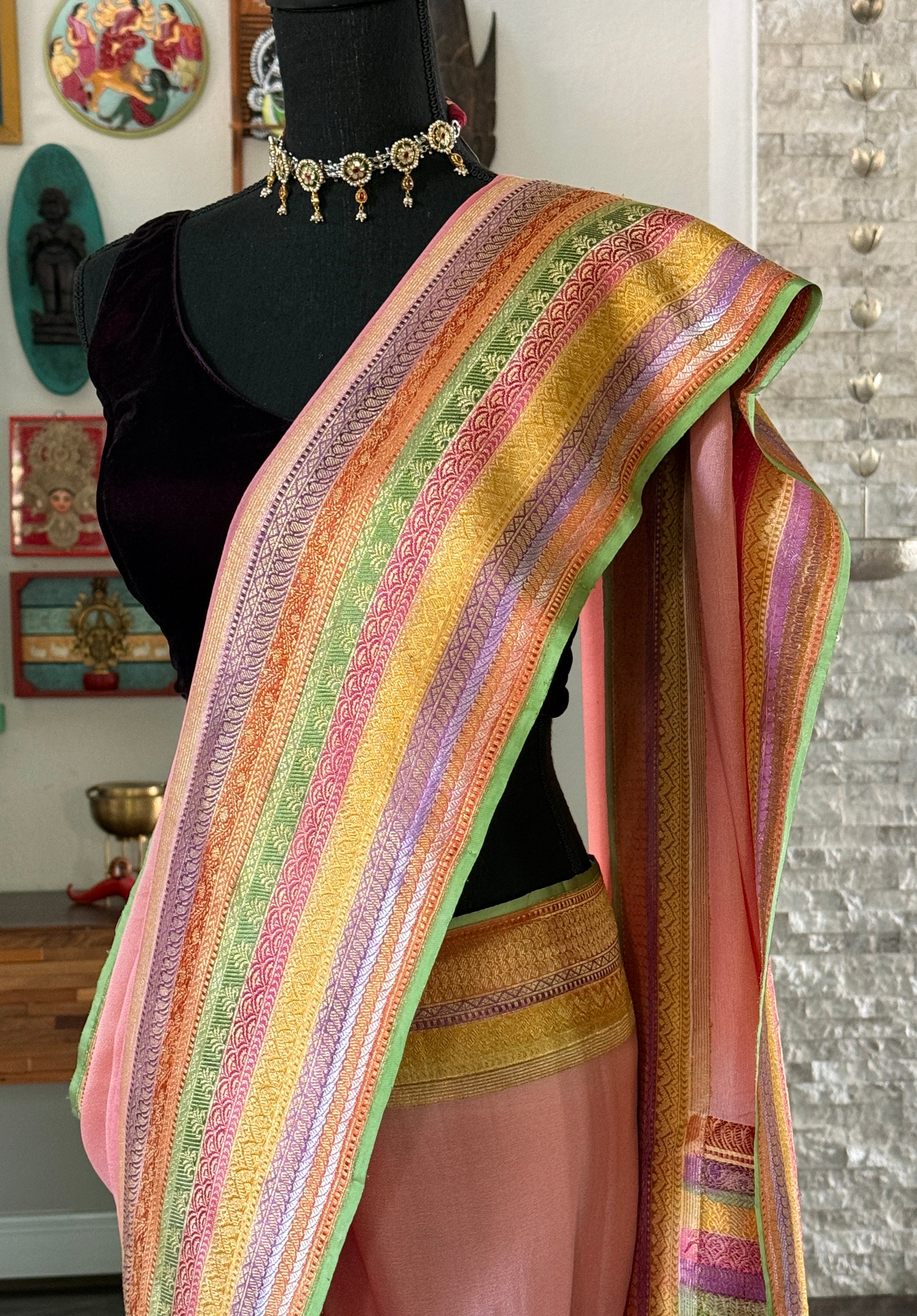 Khaddi Georgette Banarasi - Pink Multi color Hand Brushed