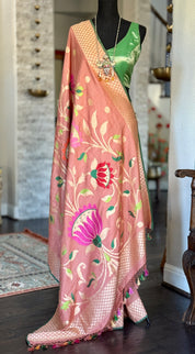 Khaddi Tussar Banarasi -  Gajri Pink Green Paithani