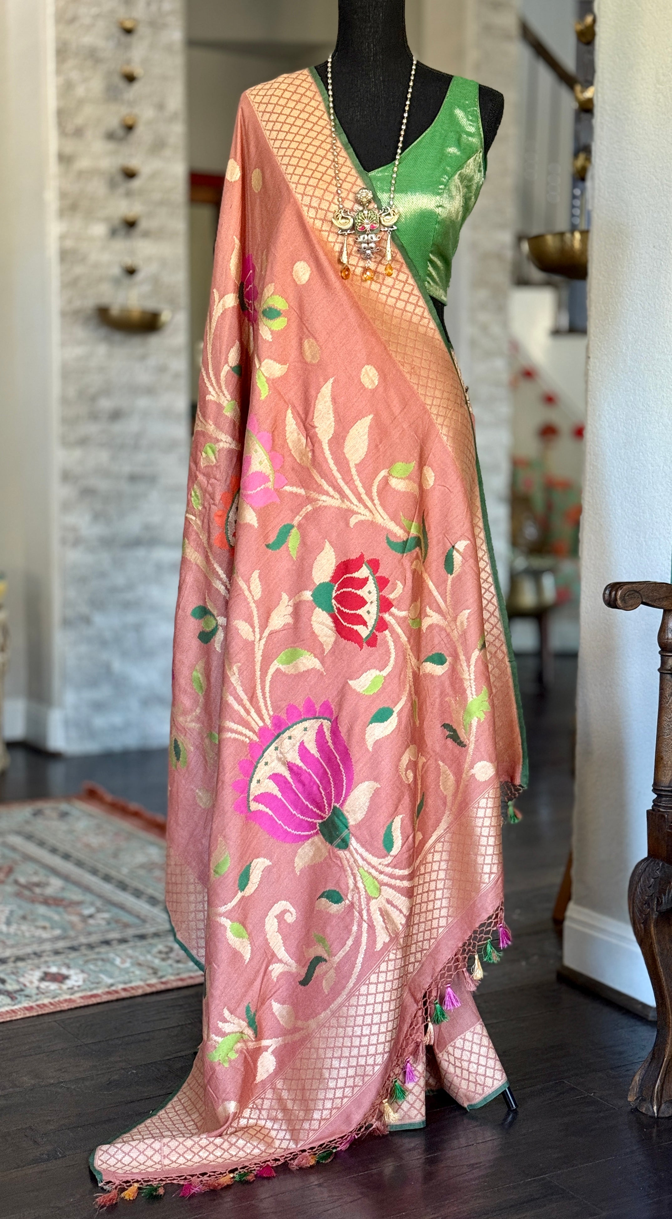 Khaddi Tussar Banarasi -  Gajri Pink Green Paithani