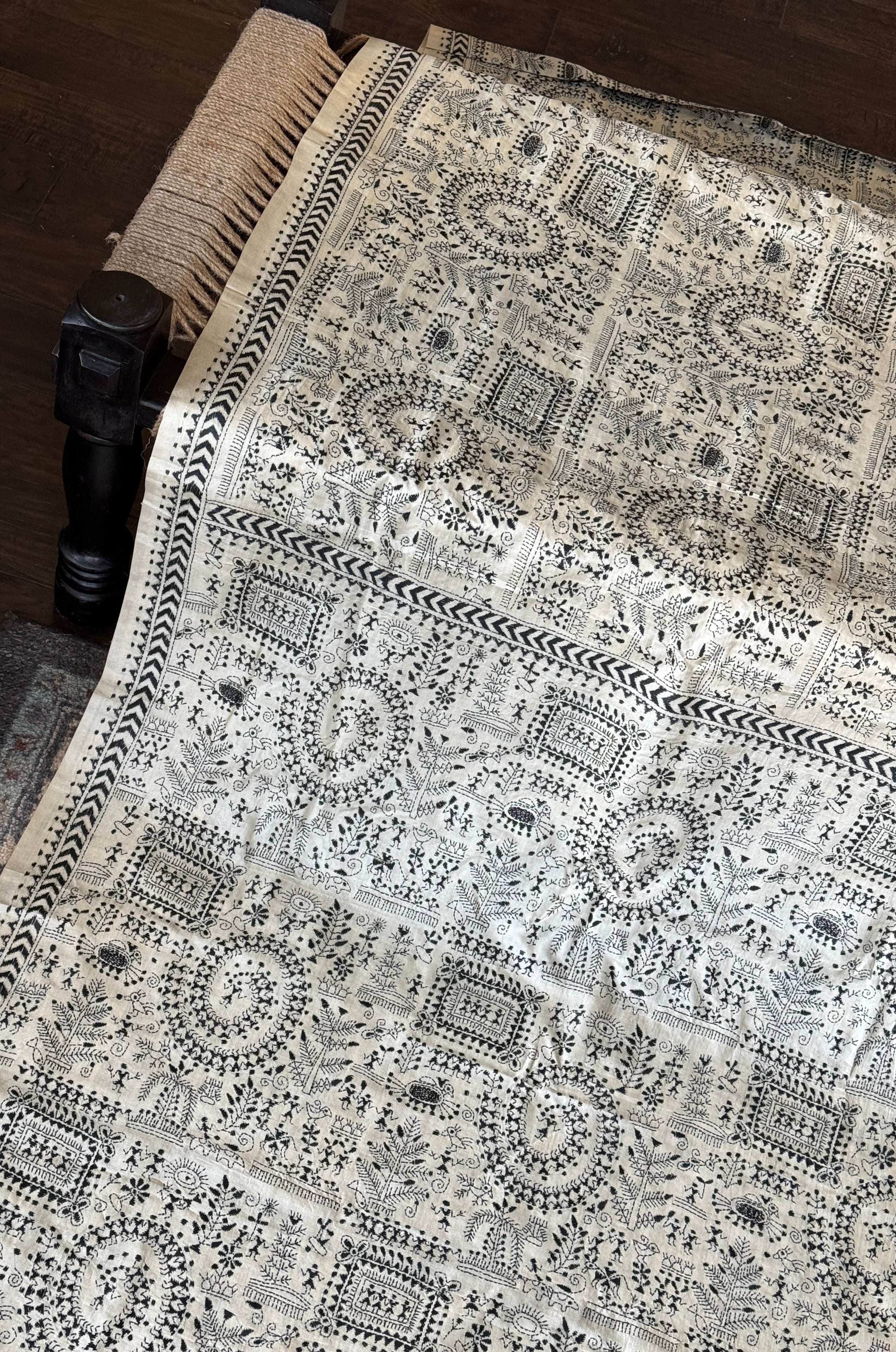 Pure Tussar Silk Kantha Stitch -  Beige Worli Art