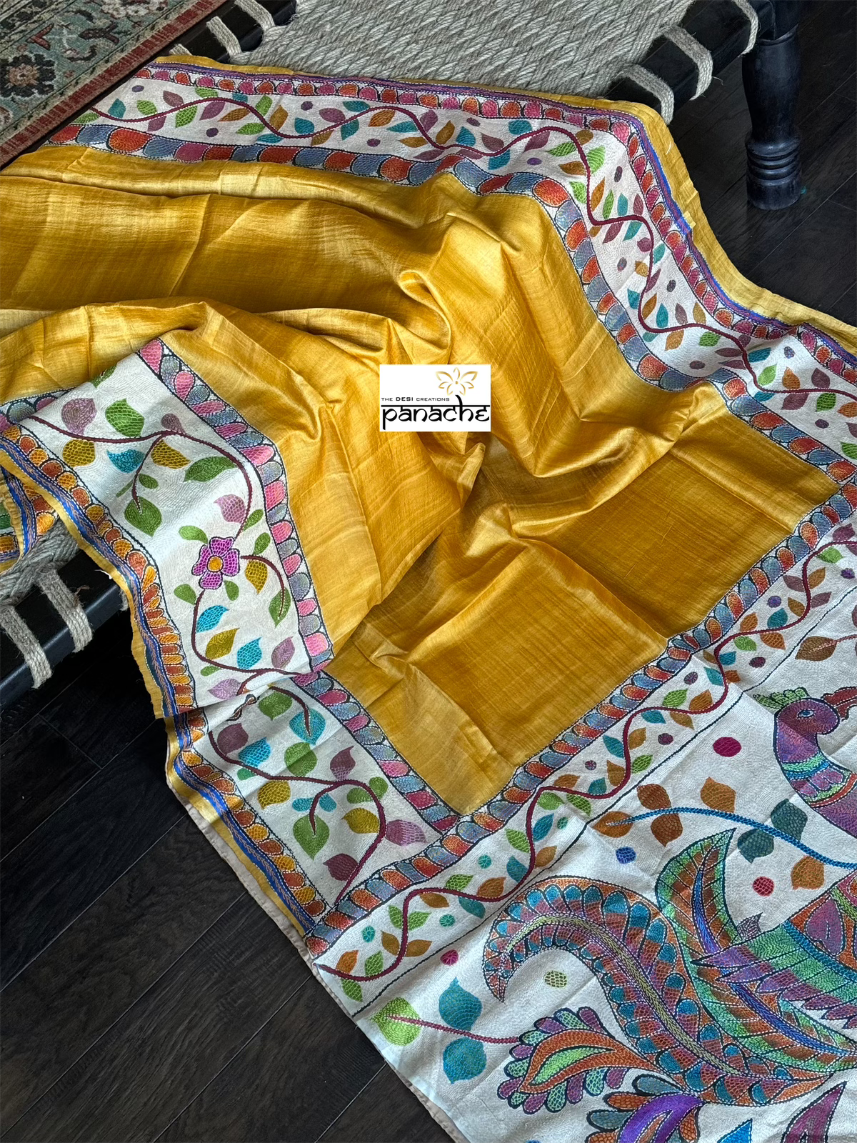 Pure Tussar Silk Sujni Kantha Stitch -  Yellow Peacock