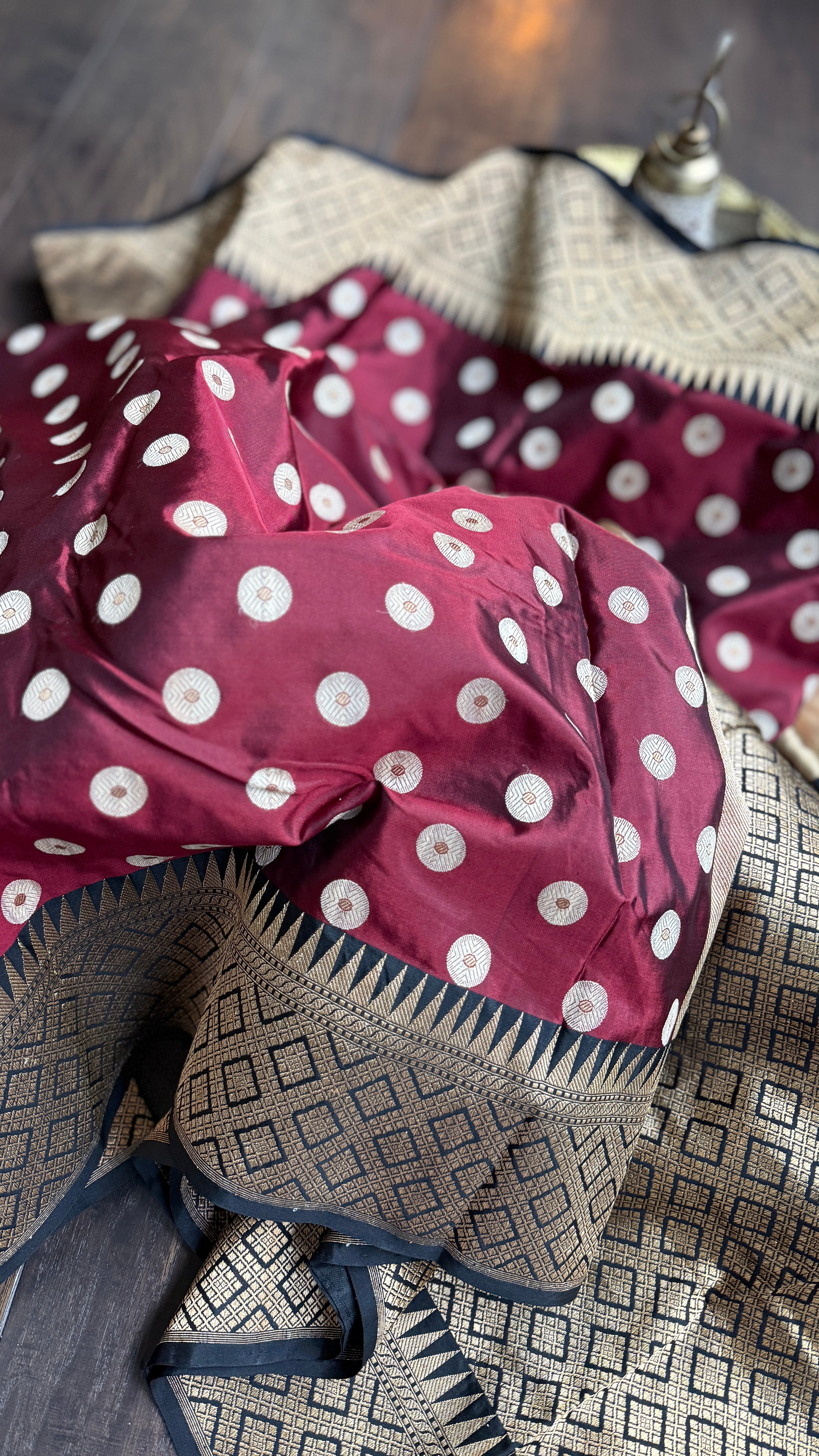 Pure Silk Katan Banarasi - Wine Maroon Black