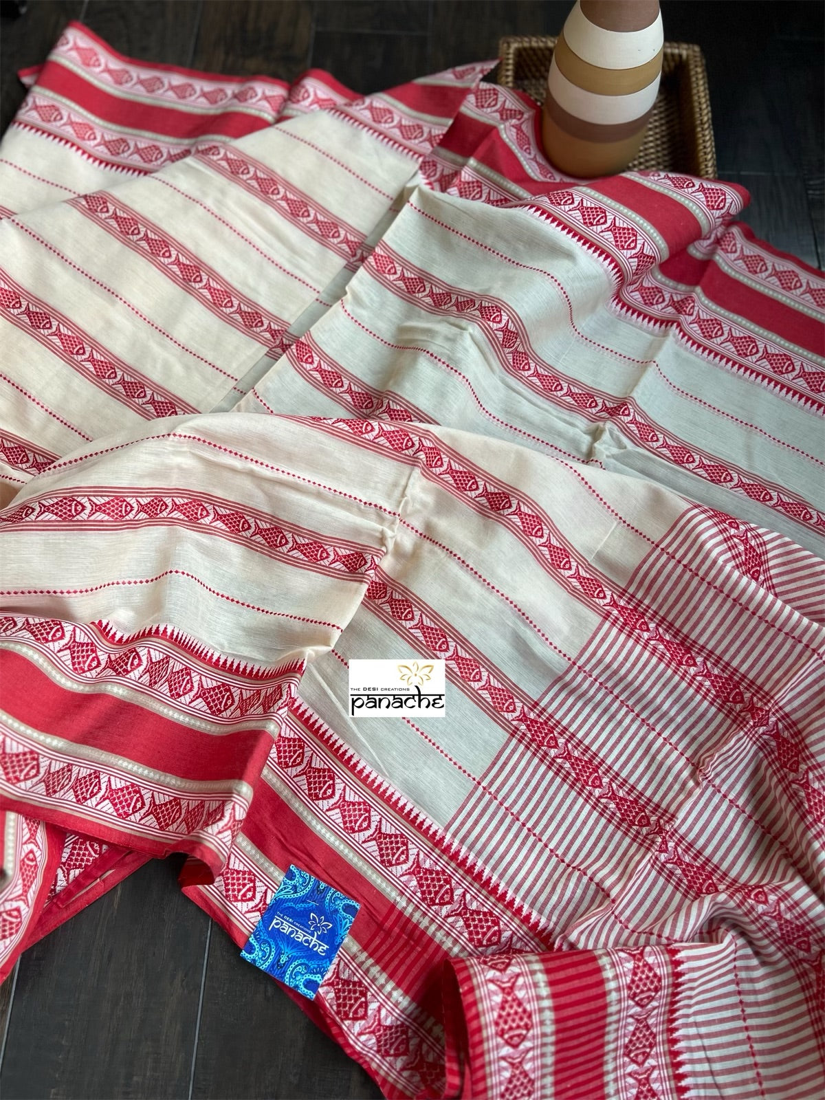 Dhonekhali Cotton Saree - White Red Black