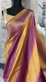 Tussar Silk Banarasi Shaded - Yellow Purple Antique Golden Zari
