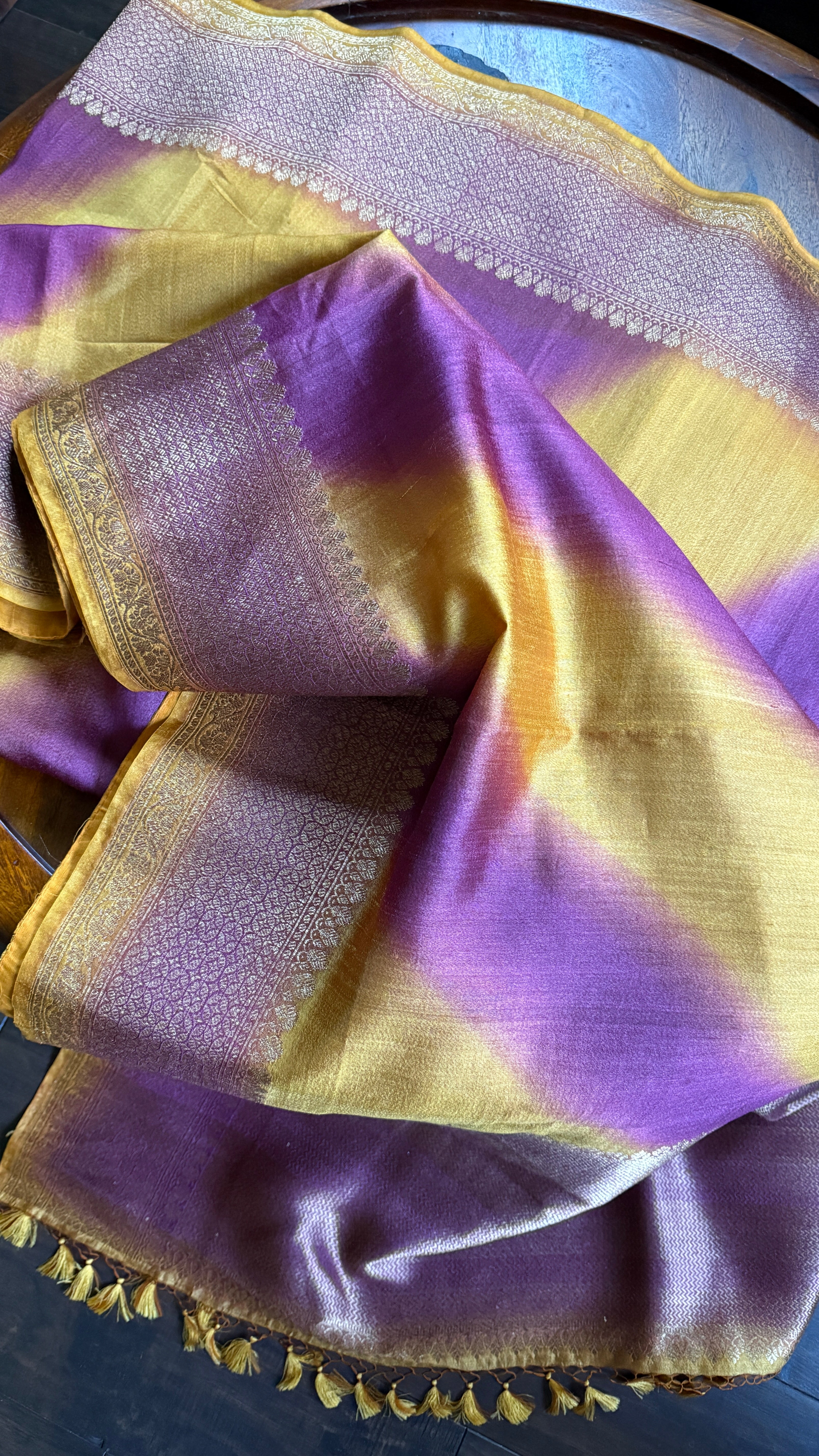 Tussar Silk Banarasi Shaded - Yellow Purple Antique Golden Zari