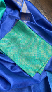 Handwoven Tussar Silk - Royal Blue Green Golden Zari