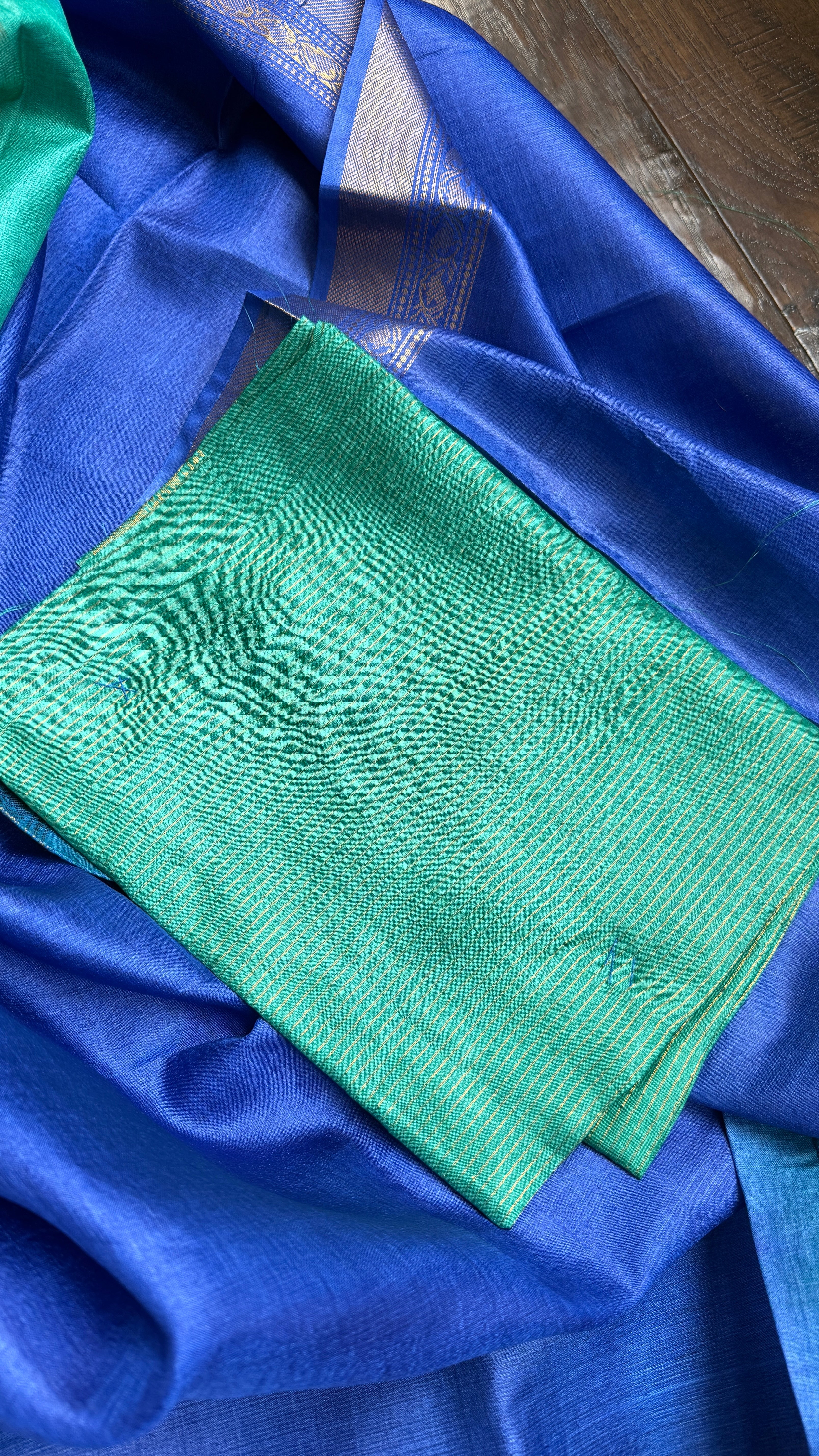 Handwoven Tussar Silk - Royal Blue Green Golden Zari