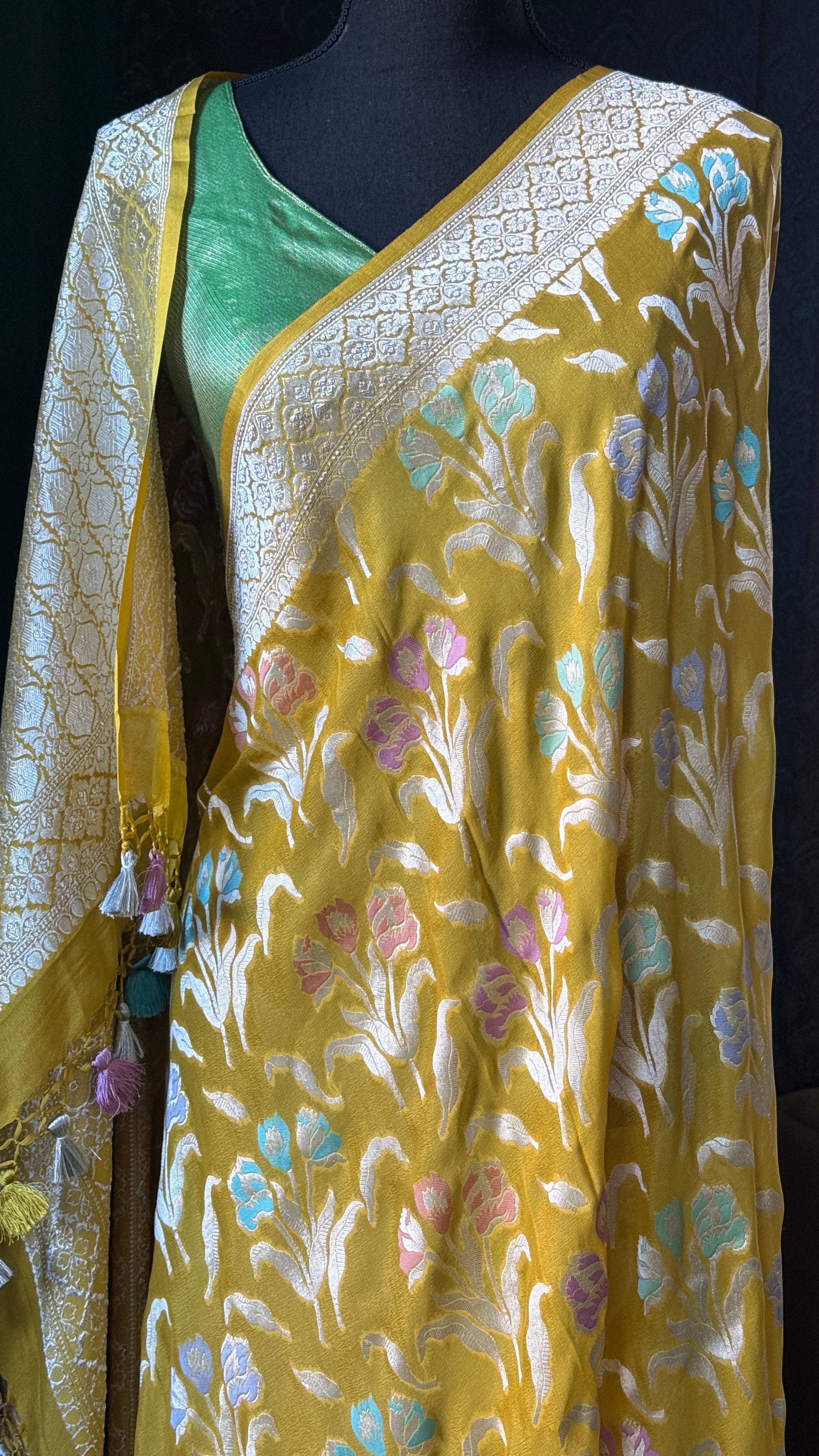 Khaddi Georgette Banarasi - Lime Yellow Meenakari