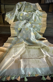 Pure Chanderi Pattu Silk - Metallic Sea Green Jaal woven