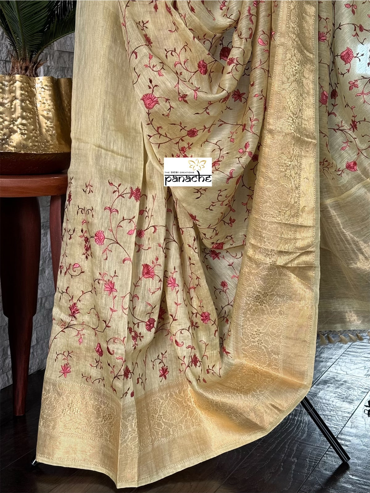 Embroidered Linen Silk Banarasi- Light Greenish Yellow