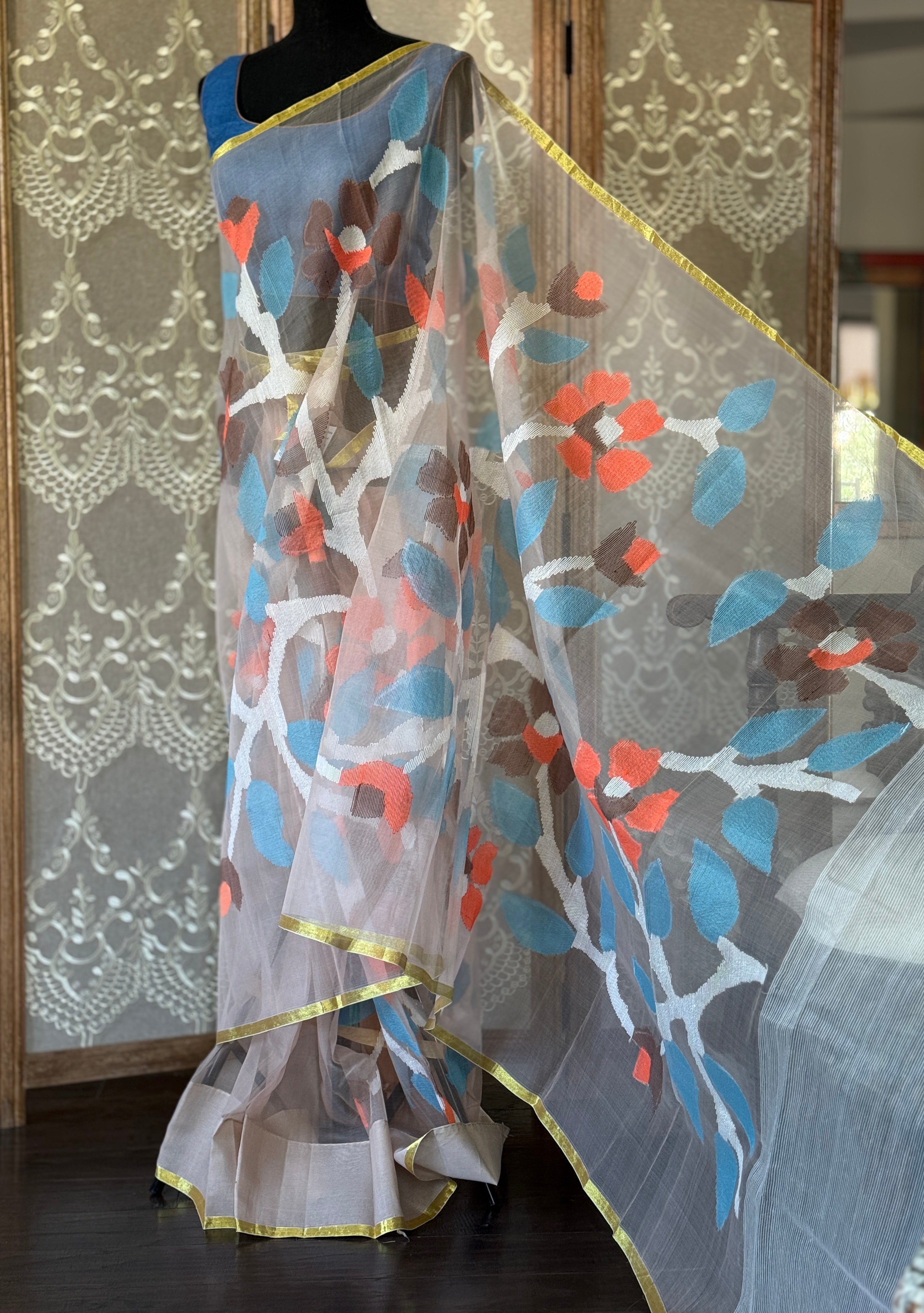 Muslin Jamdaani - Wheat color Golden Zari