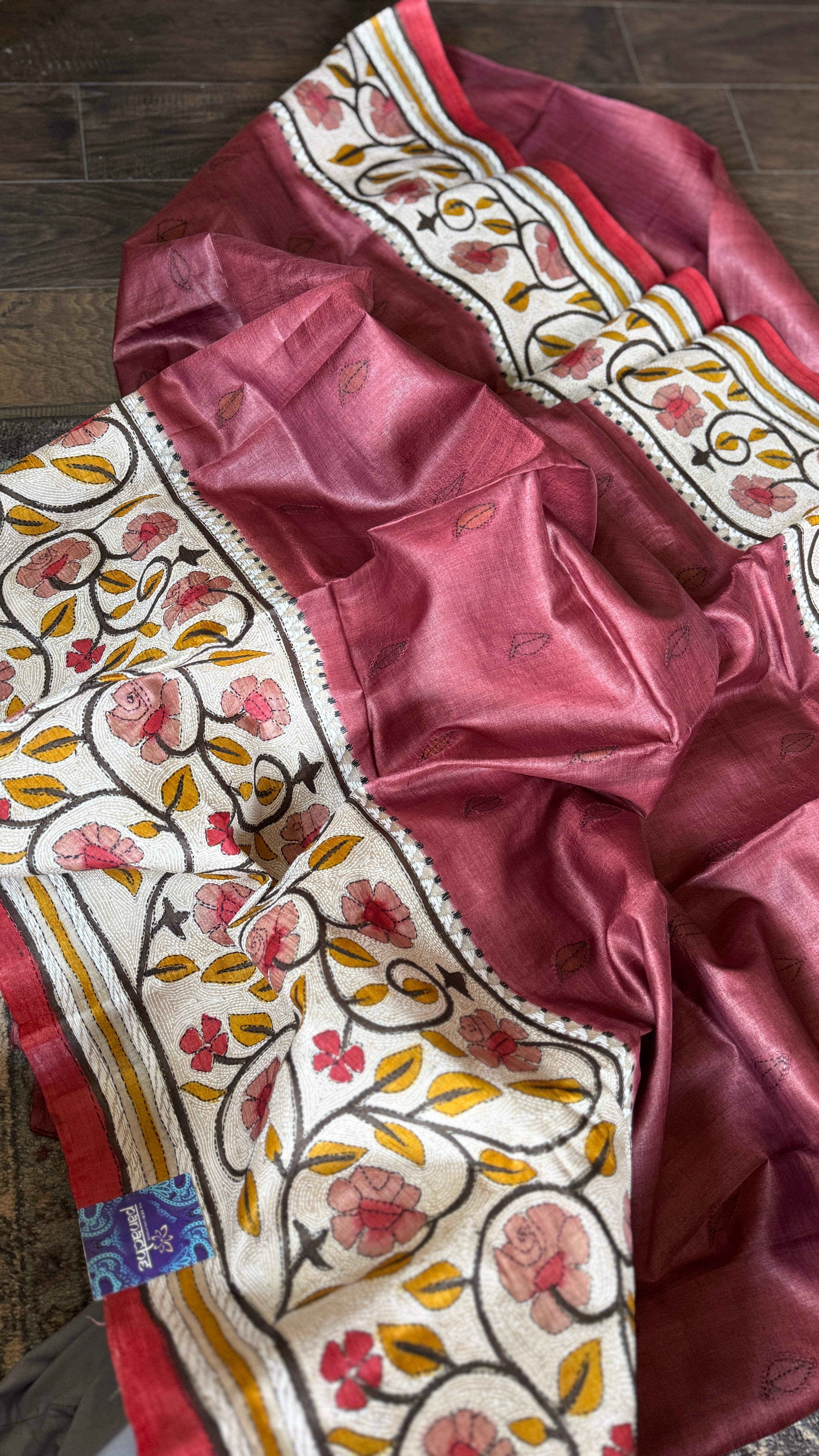 Pure Tussar Silk Kantha Stitch -  Maroon Beige