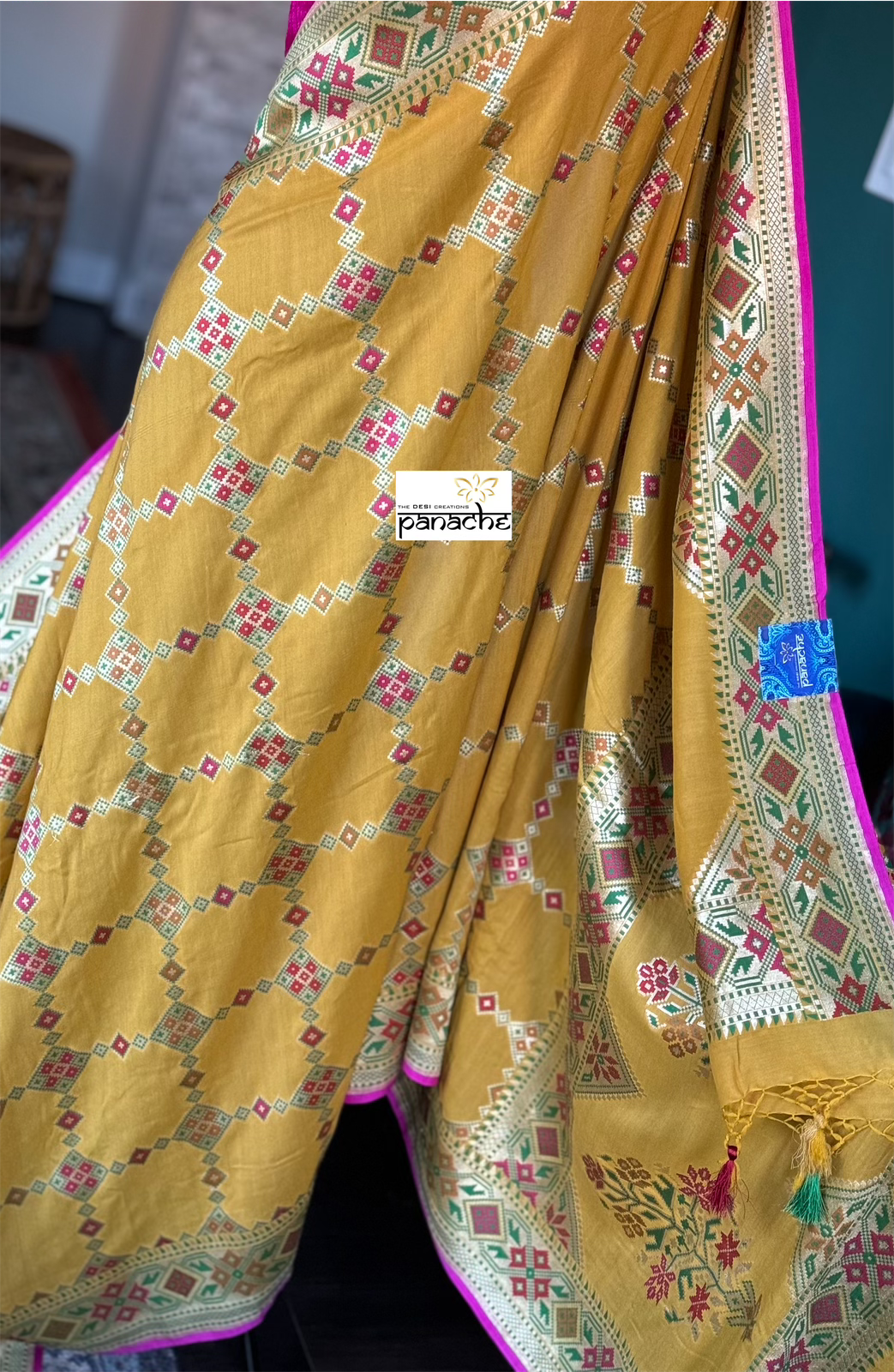 Khaddi Muga Silk Tilfi Banarasi - Yellow Pink Woven