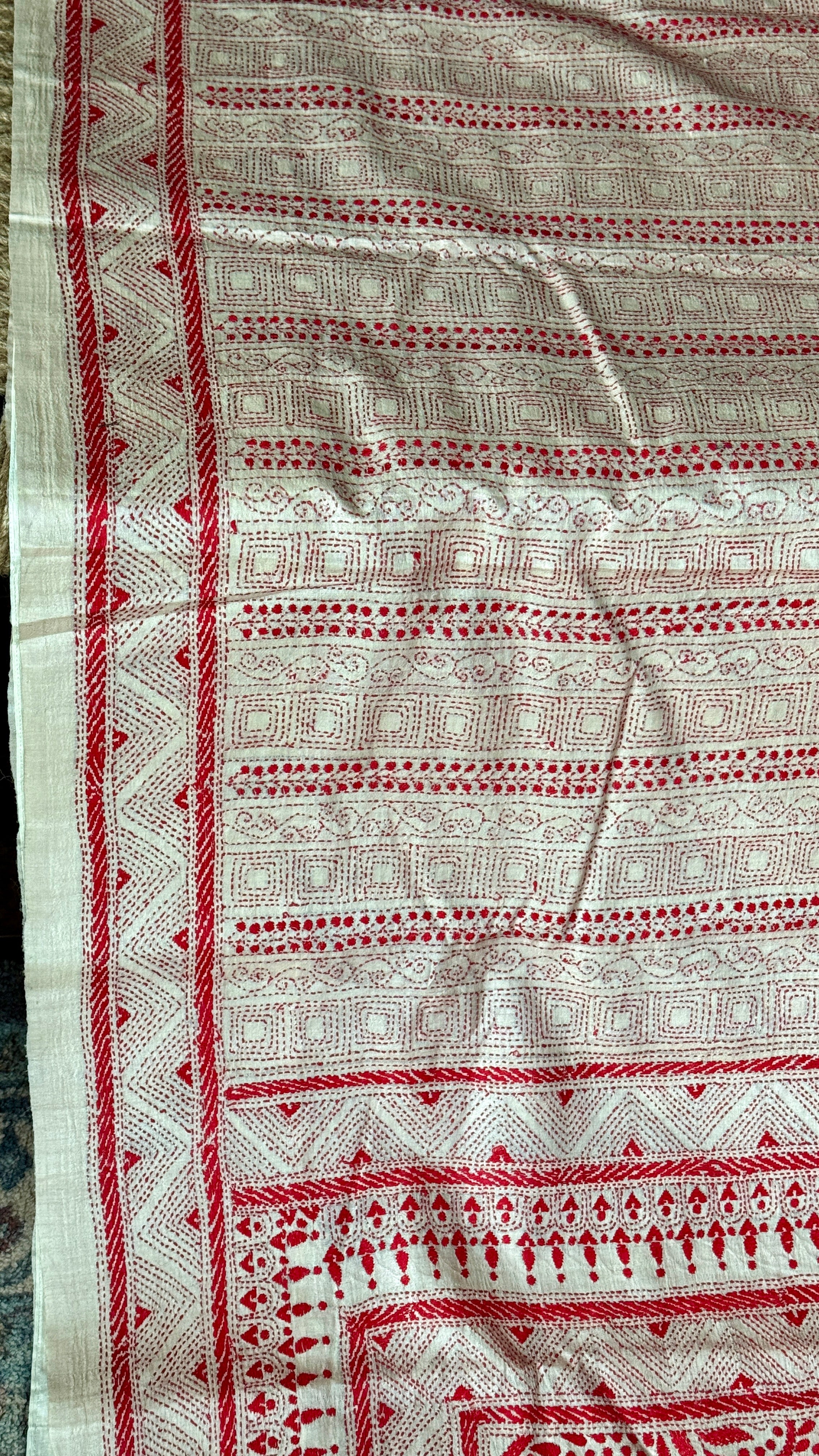 Pure Tussar Silk Kantha Stitch -  Beige Red