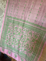 Pure Tussar Silk Kantha Stitch -  Light Pink Green