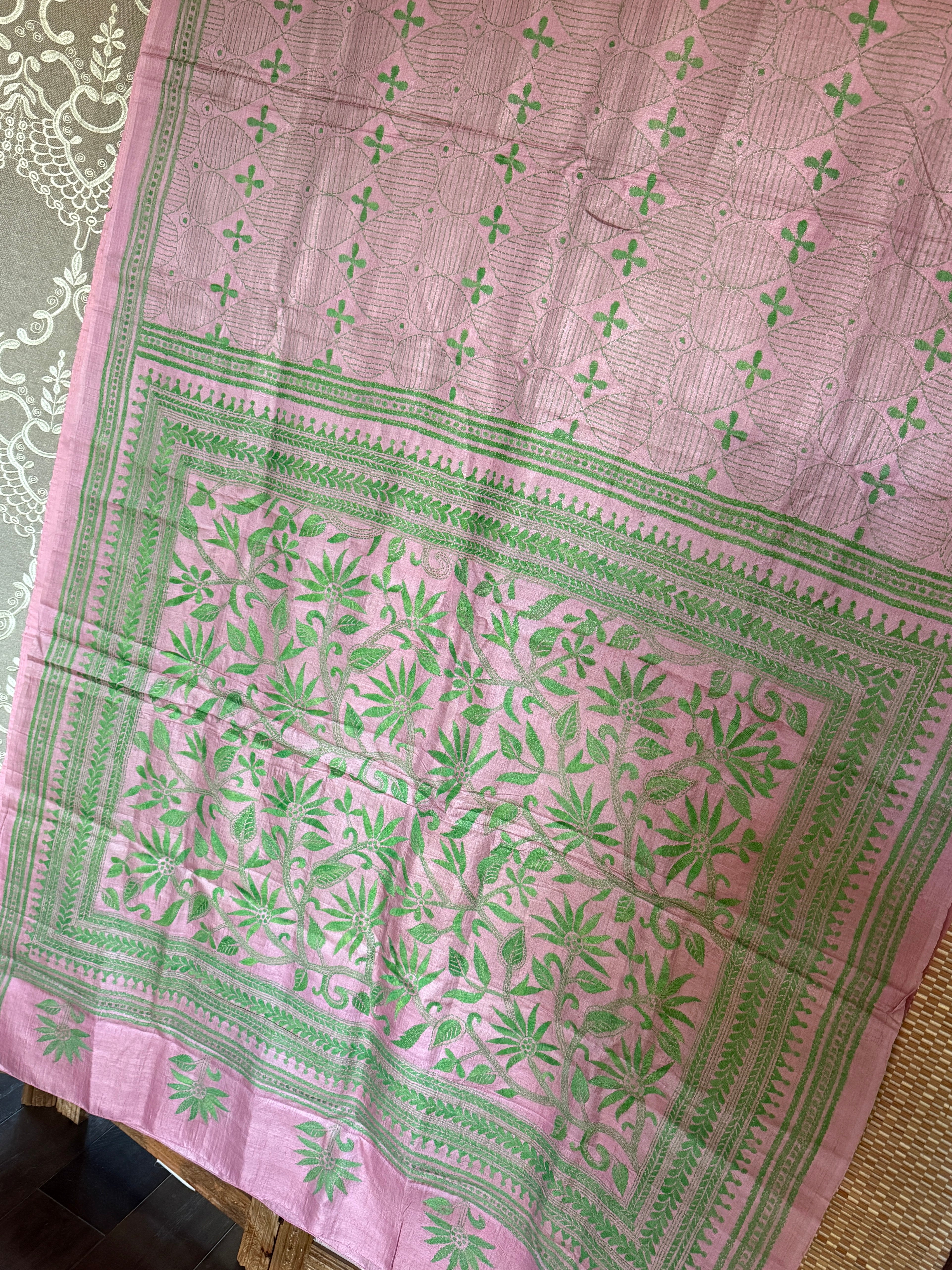 Pure Tussar Silk Kantha Stitch -  Light Pink Green