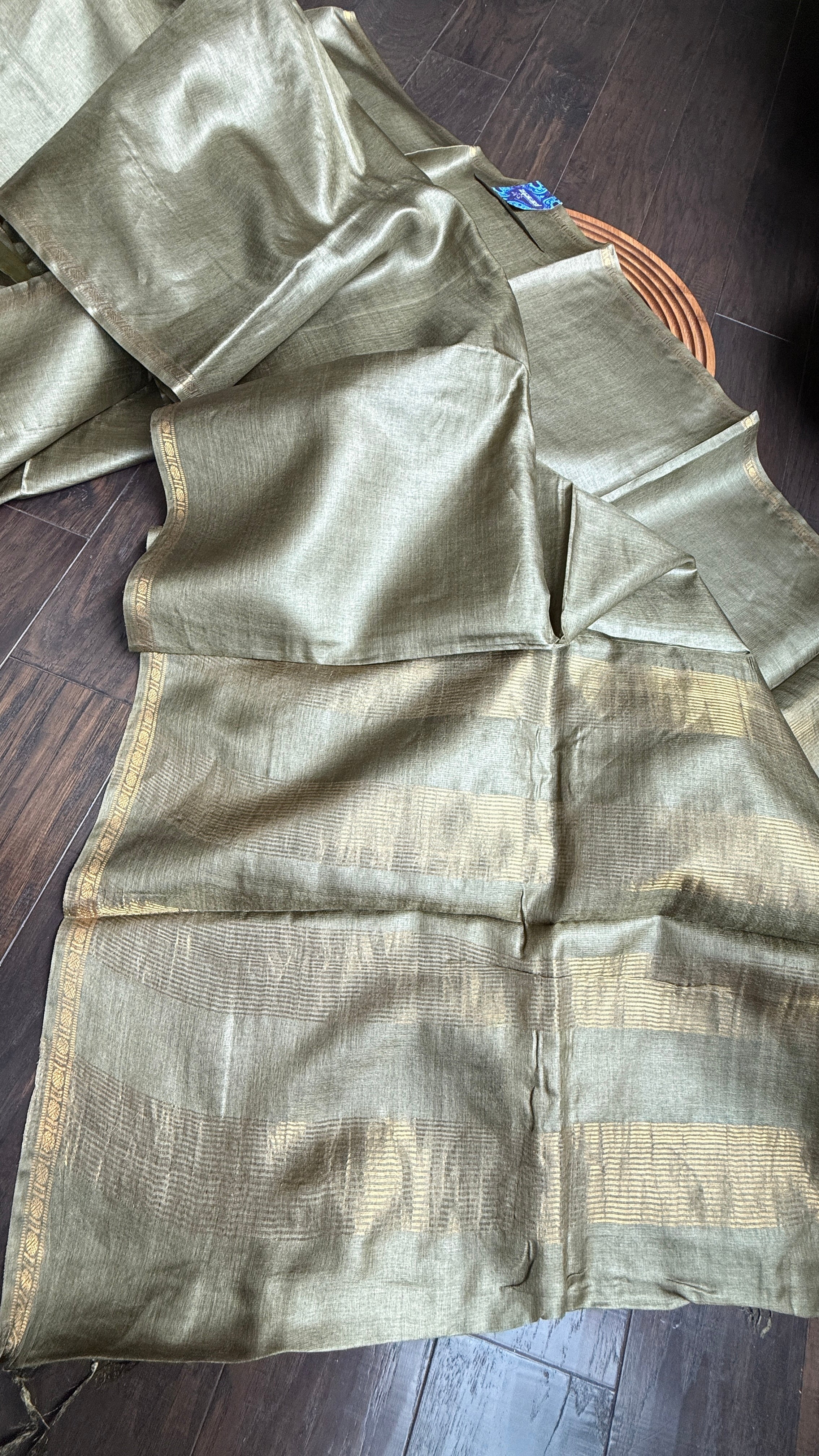 Handwoven Tussar Silk - Light Henna Green Golden Zari