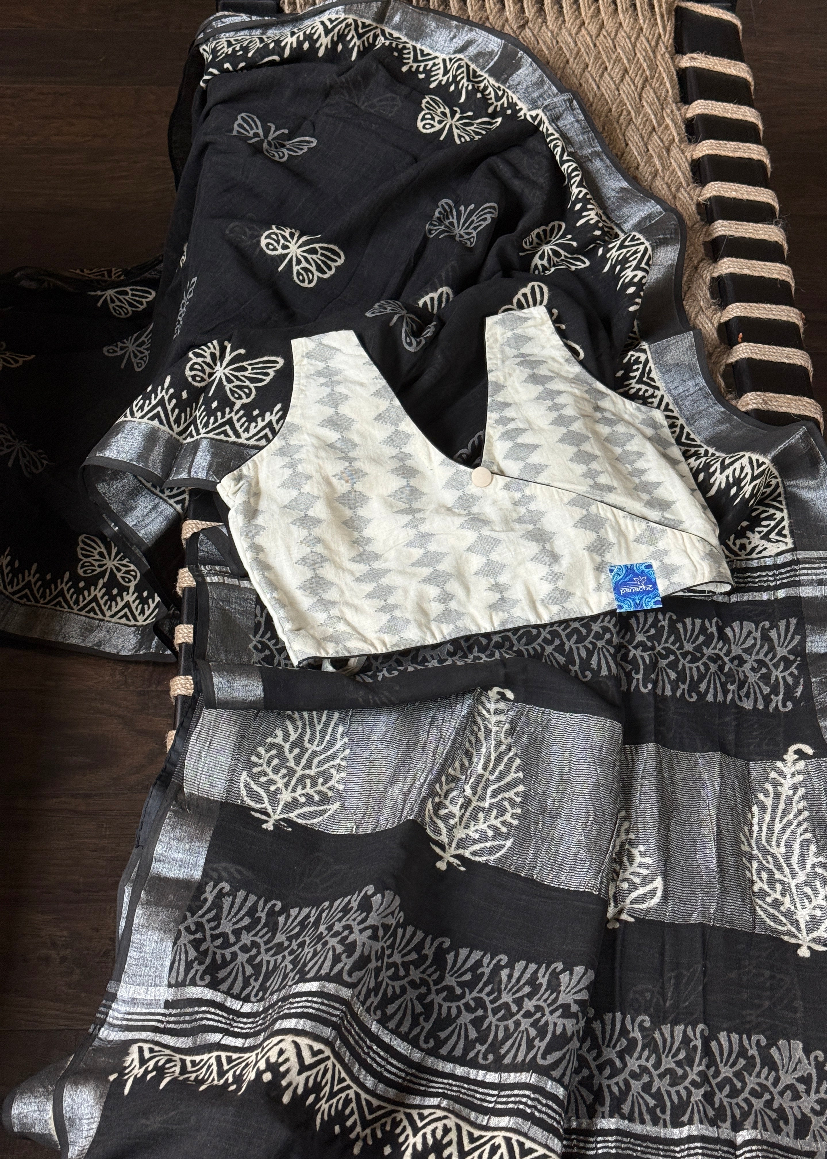 Linen Printed - Black White Silver Zari