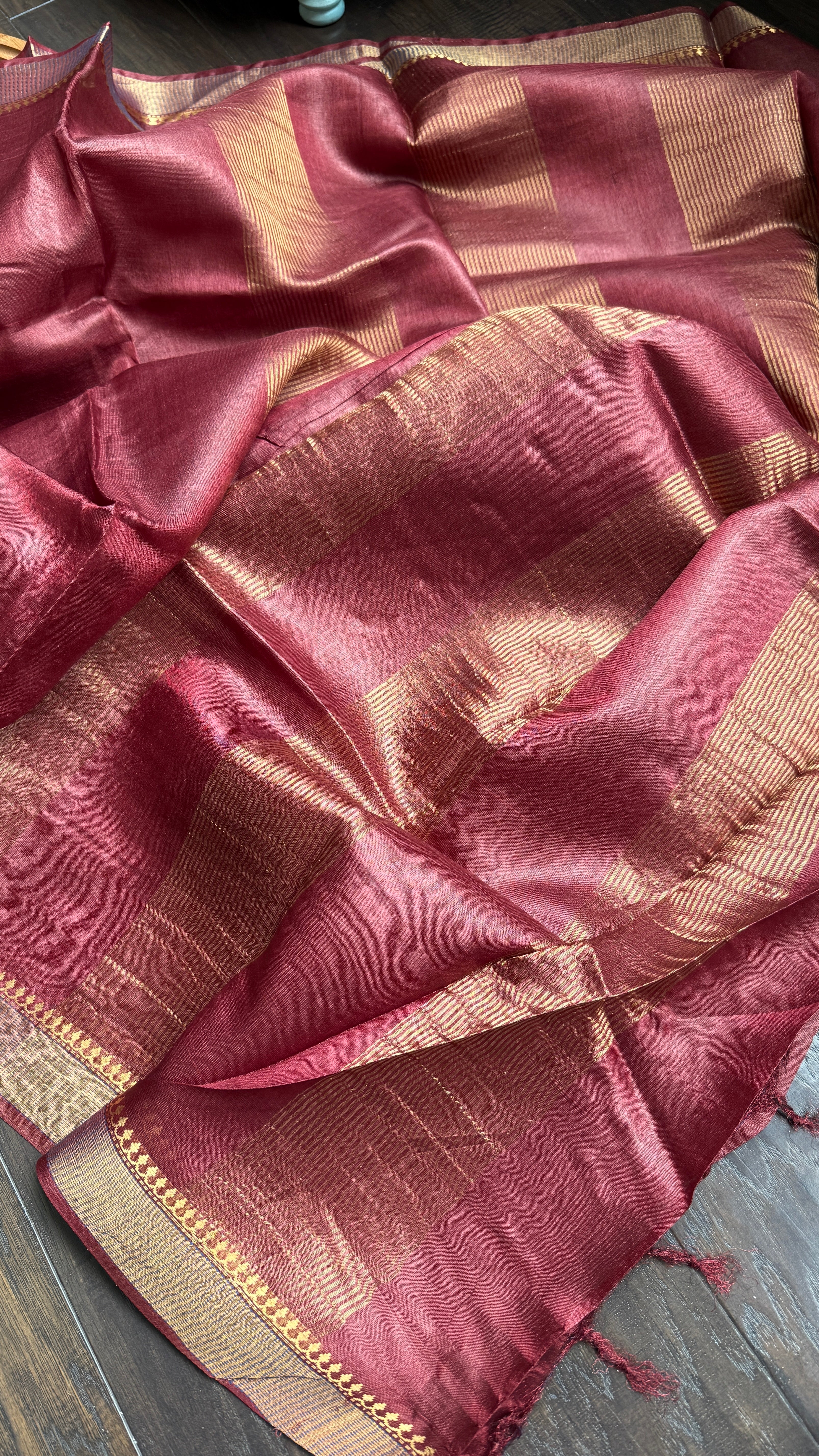 Handwoven Tussar Silk - Maroon Golden Zari