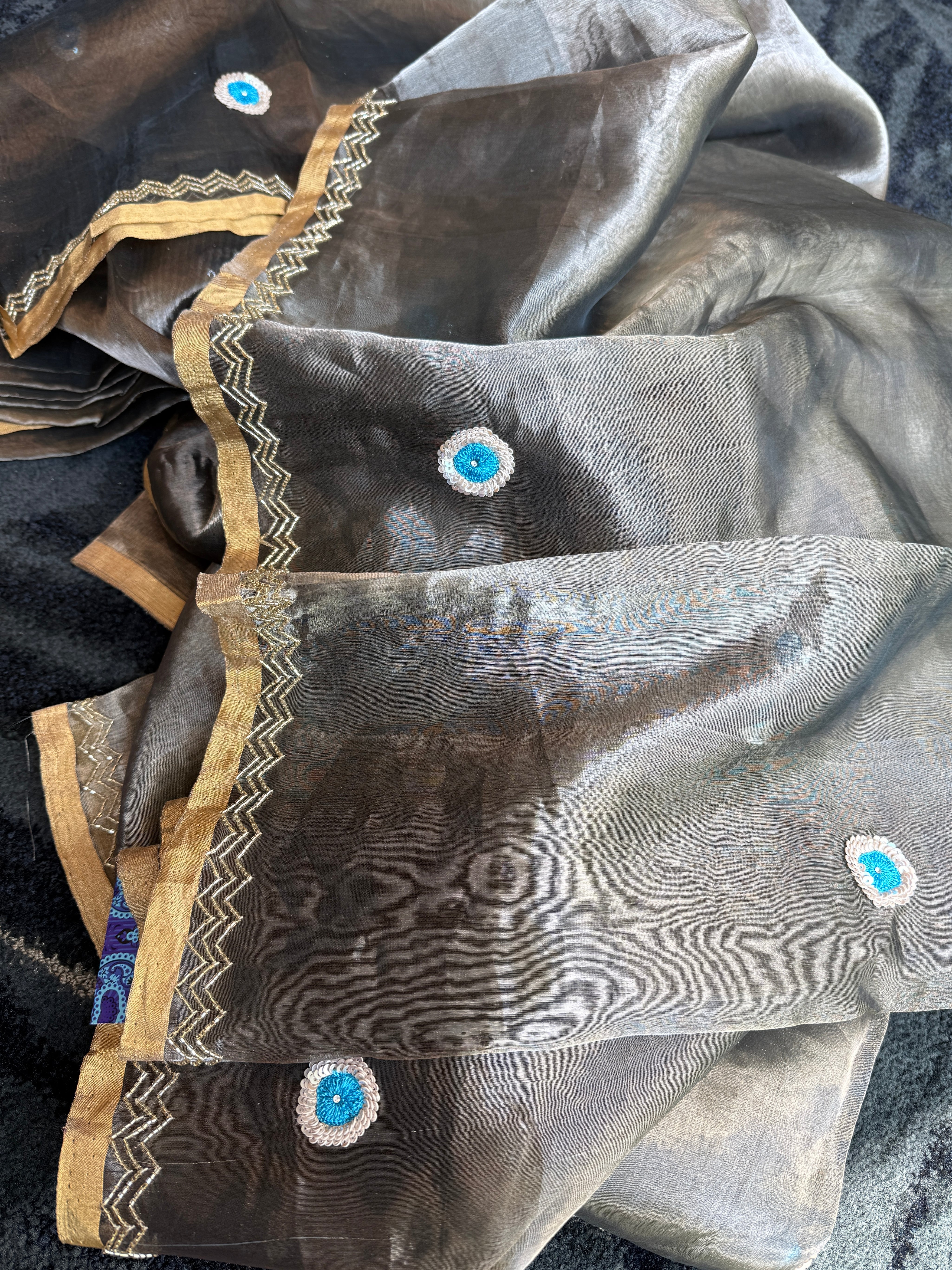 Pure Chanderi Tissue Silk - Grey Hand Zardozi