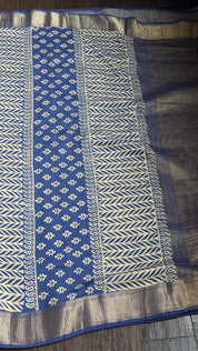 Printed Muga Cotton Silk Banaras  - Blue Paisley