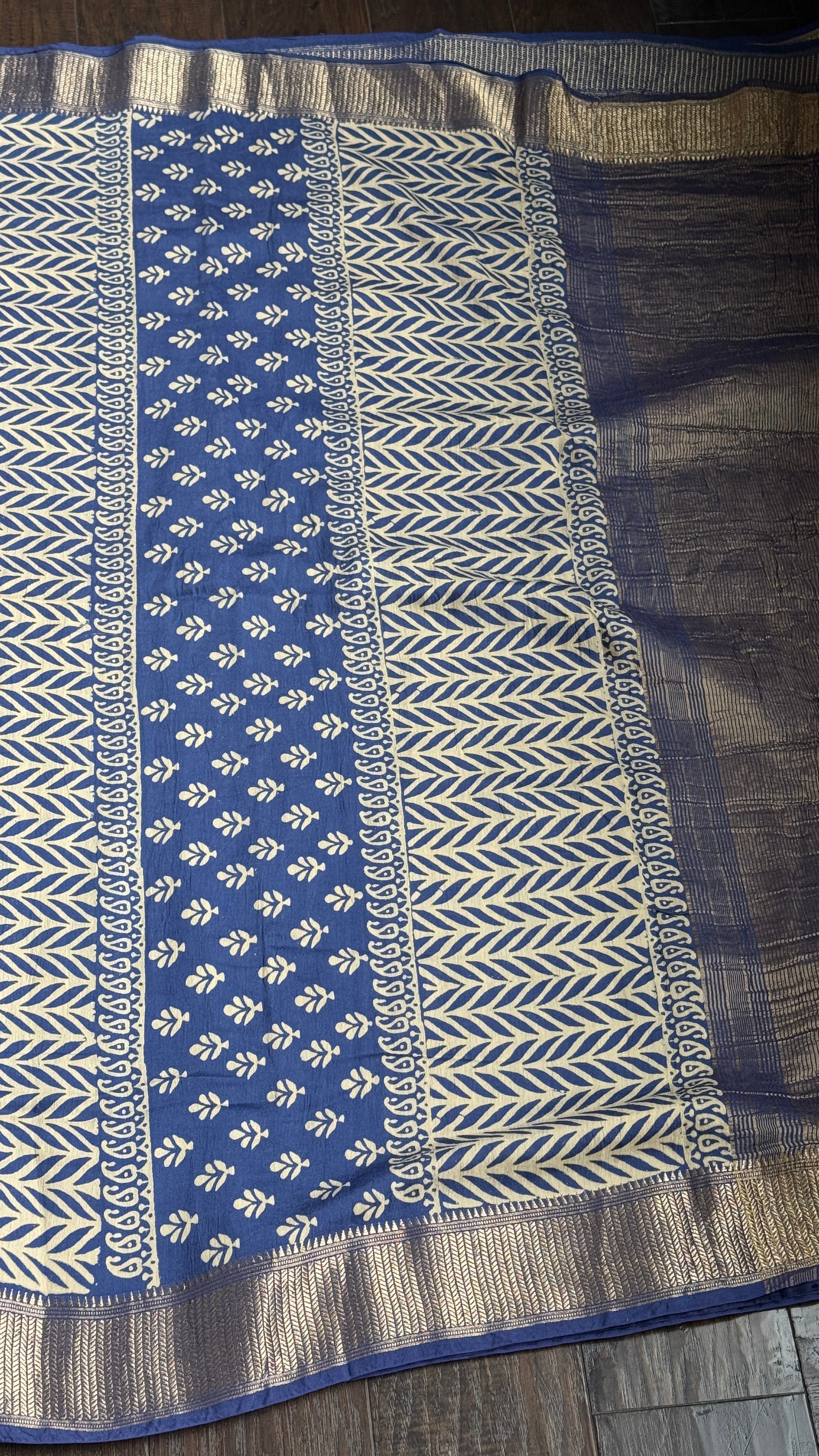 Printed Muga Cotton Silk Banaras  - Blue Paisley