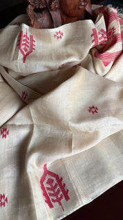 Pure Tussar Silk Jamdaani - Beige Red