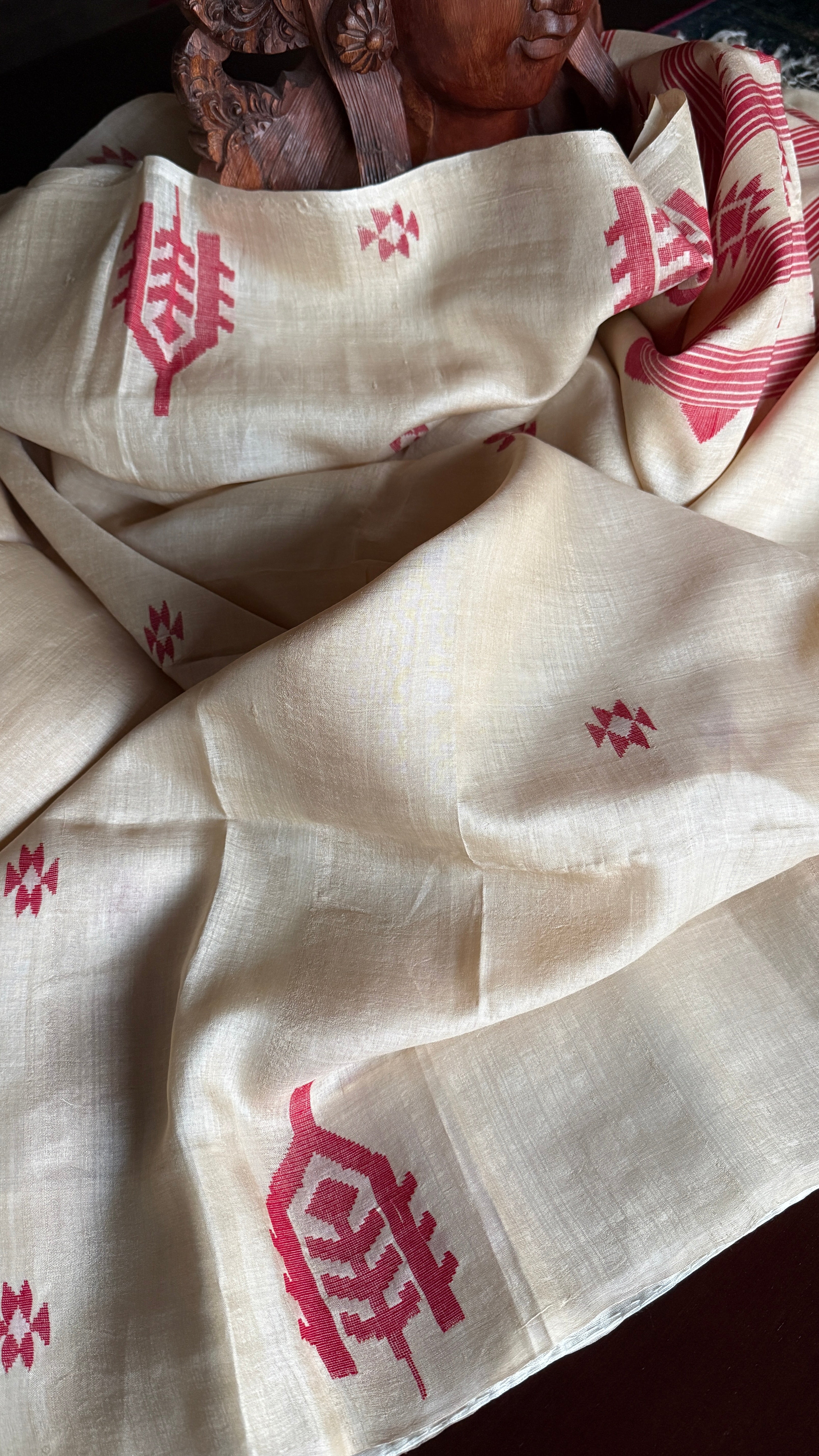 Pure Tussar Silk Jamdaani - Beige Red