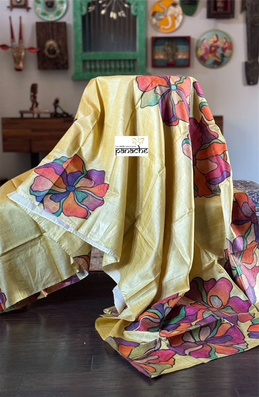 Pure Tussar Silk Kantha Stitch - Yellow