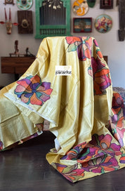 Pure Tussar Silk Kantha Stitch - Yellow