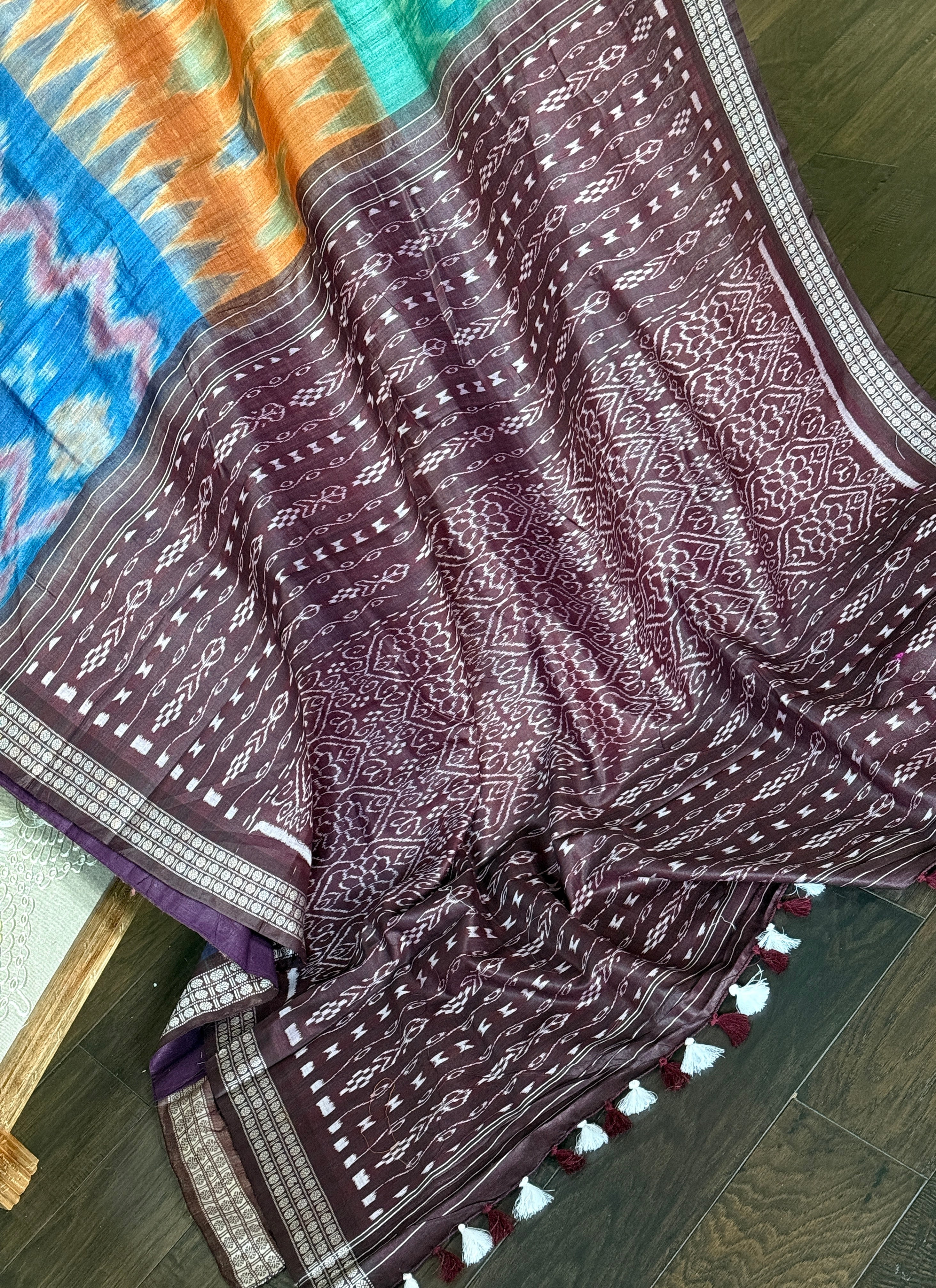 Gopalpur Tussar Silk Ikat - Sea green Plum Orange