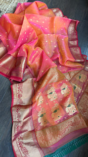 Chanderi Organza Silk - Pink Orange Dual shaded