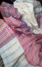 Pure Tussar Silk - Beige Striped Multi color