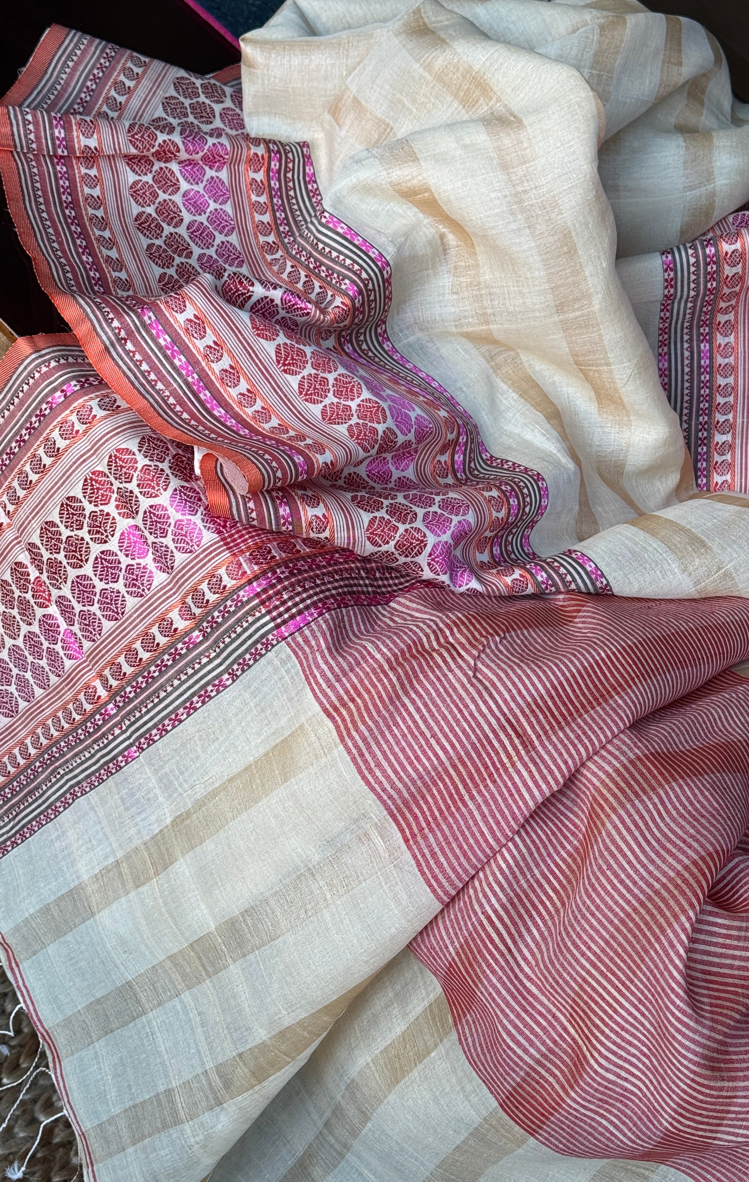 Pure Tussar Silk - Beige Striped Multi color