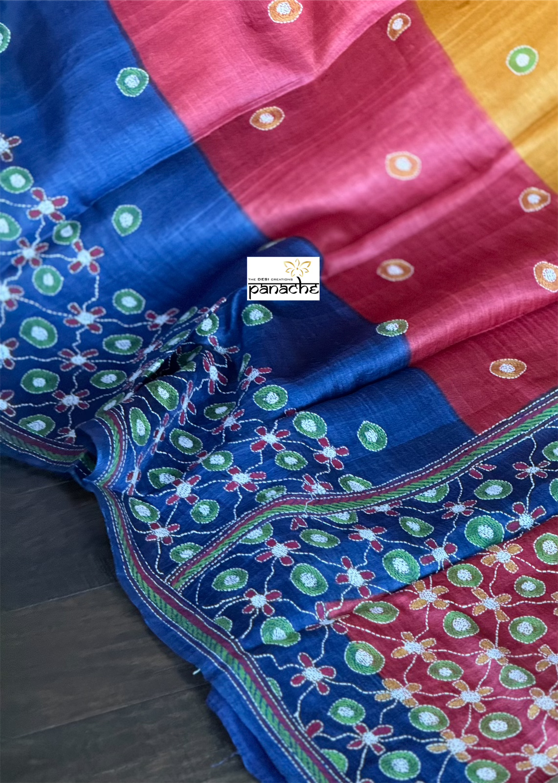 Pure Tussar Silk Sujni Kantha Stitch -  Blue Multi Color