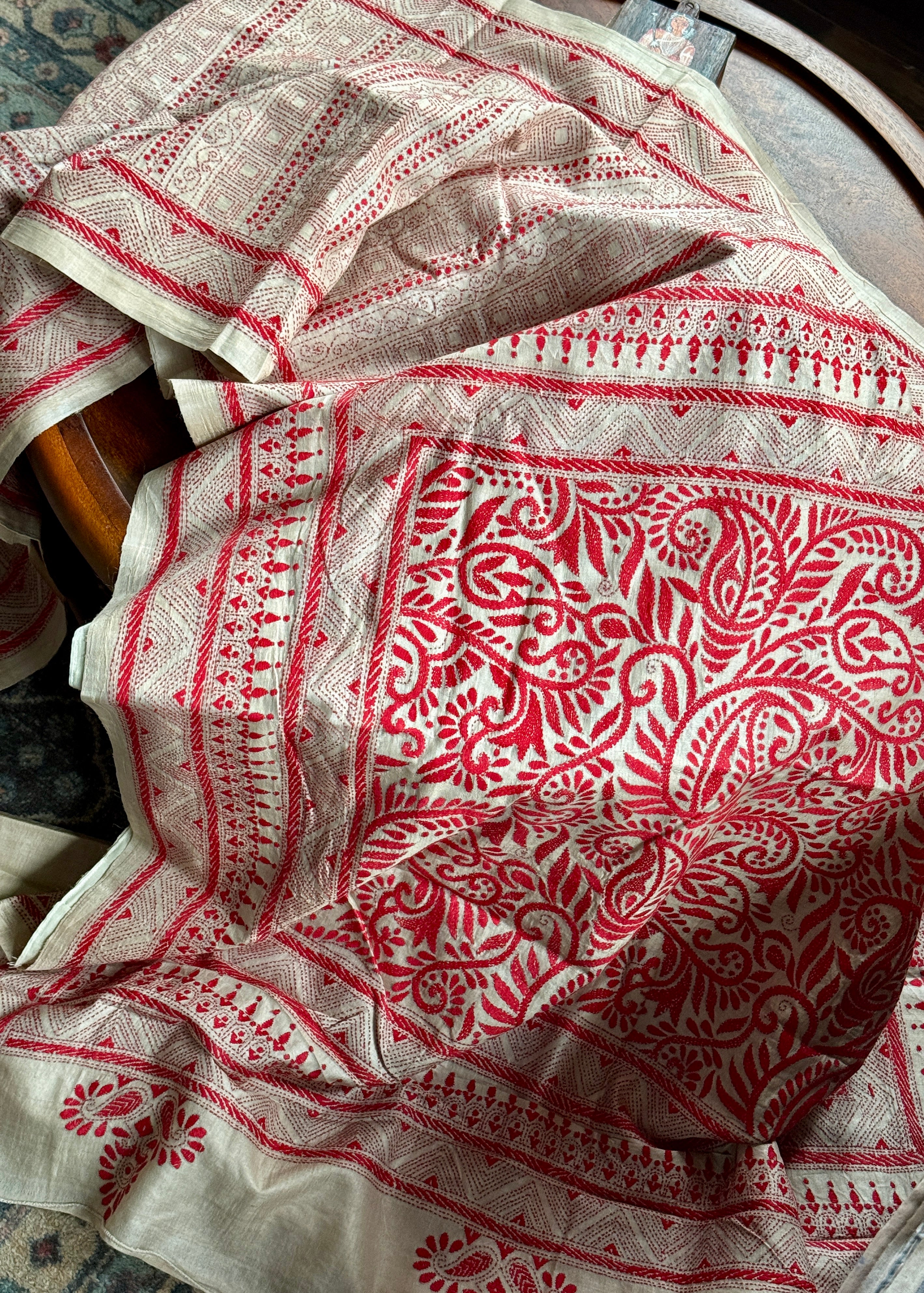 Pure Tussar Silk Kantha Stitch -  Beige Red