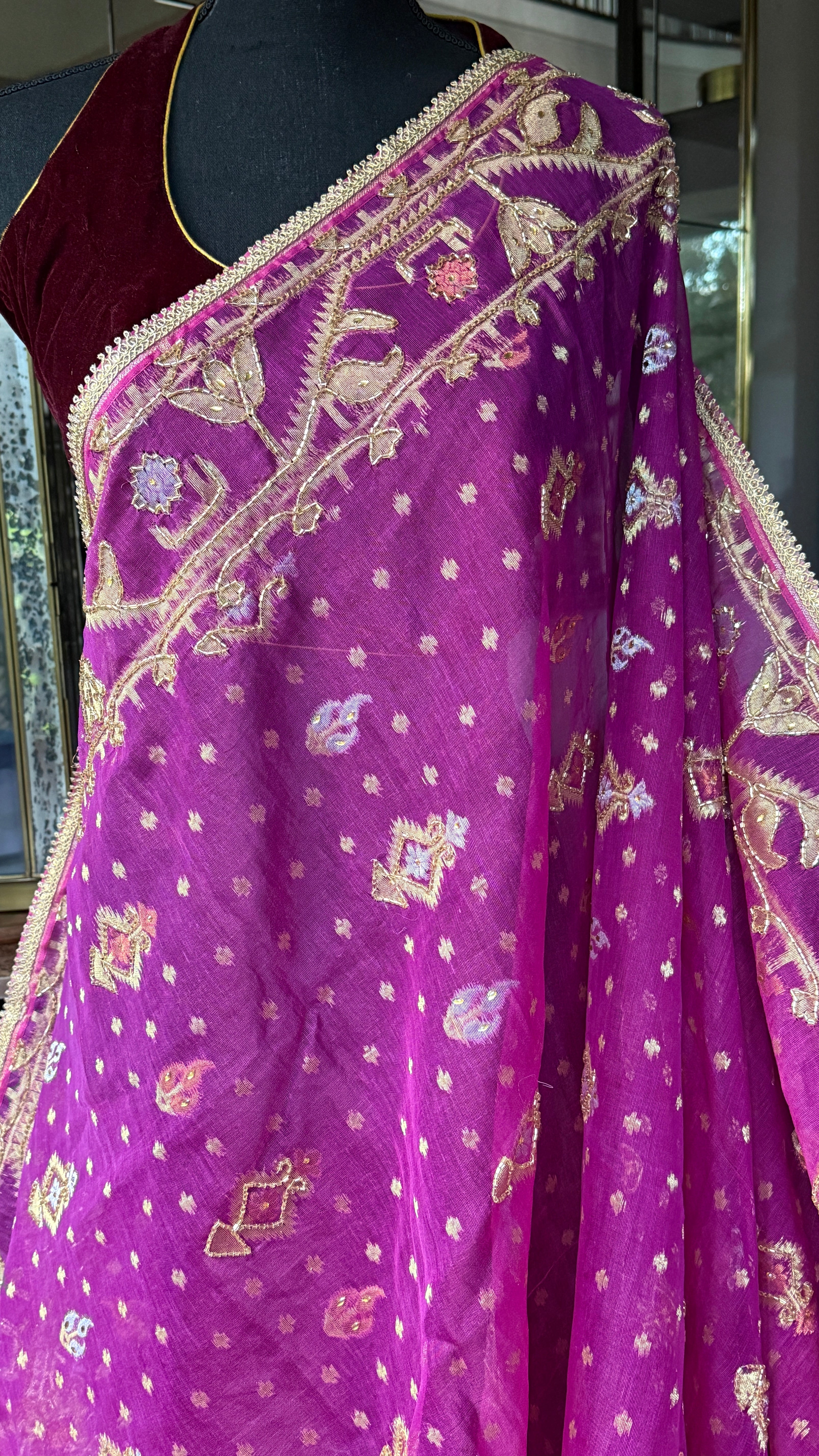 Designer Jamdaani Cutdana Embroidered - Magenta Pink