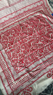 Pure Tussar Silk Kantha Stitch -  Beige Red
