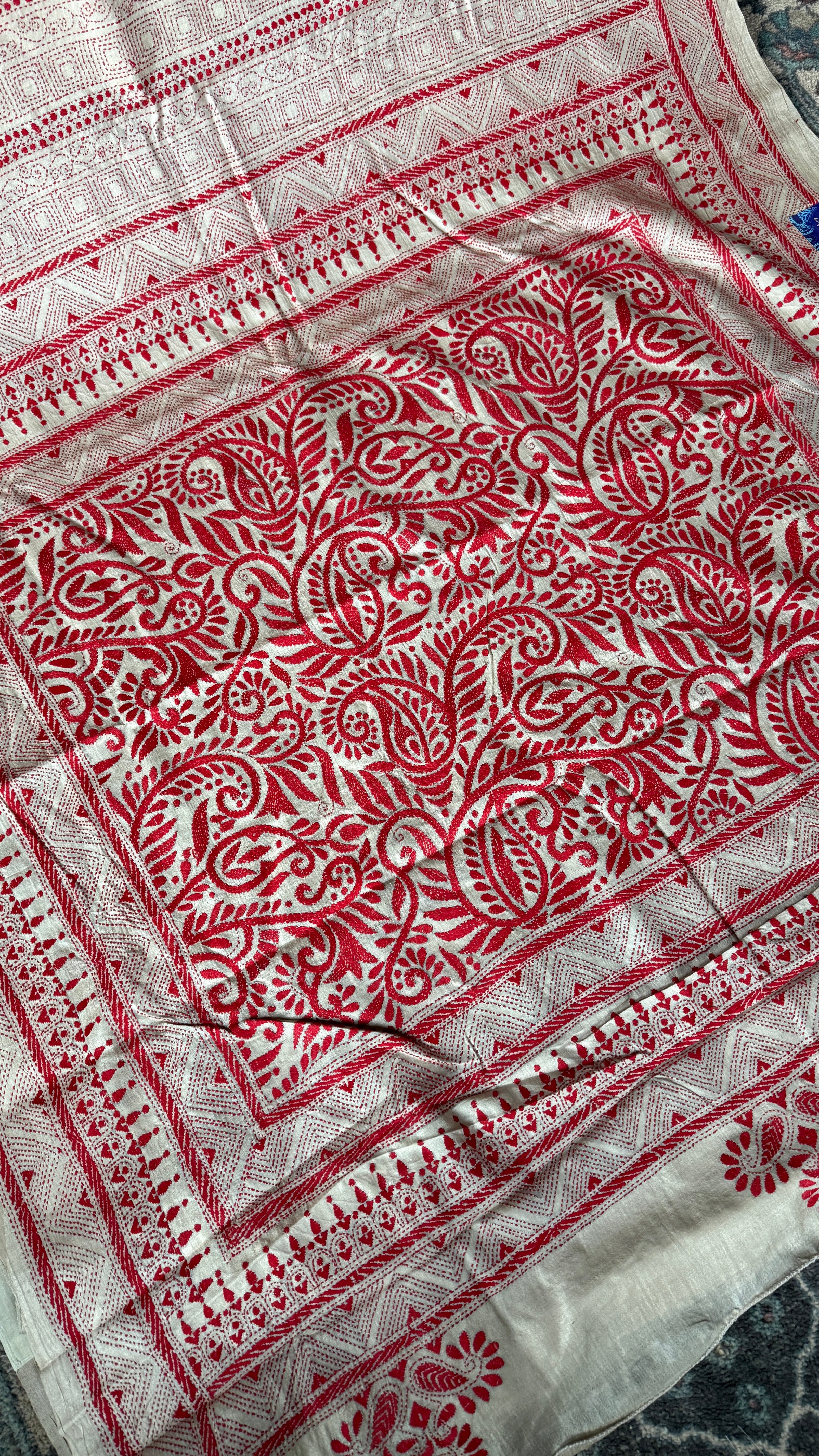 Pure Tussar Silk Kantha Stitch -  Beige Red