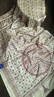 Pure Tussar Silk Kantha Stitch -  Tan Beige Maroon Worli Art